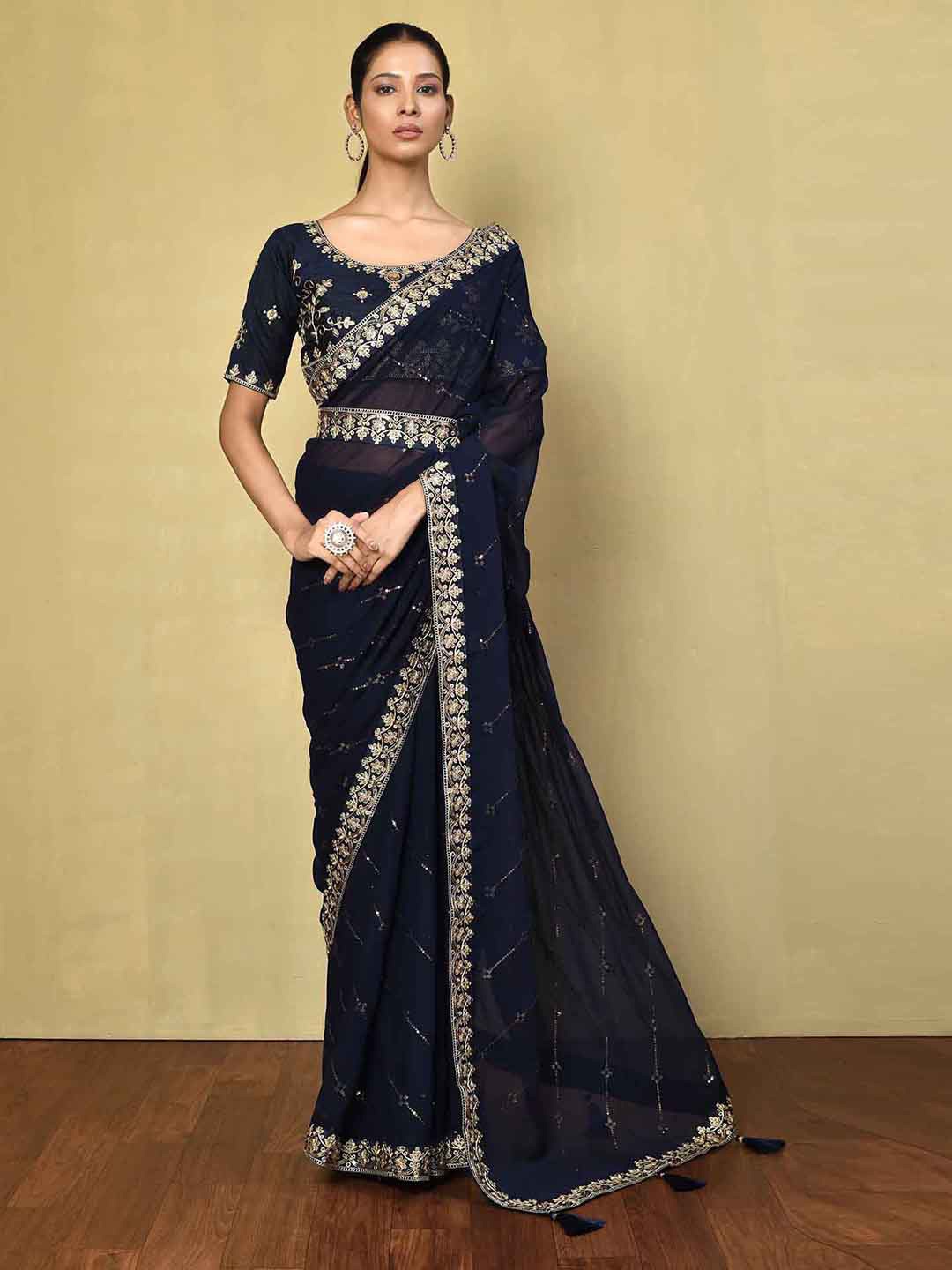 Satrani Embellished Sequinned Belted Saree with Tassels, Navy blue
