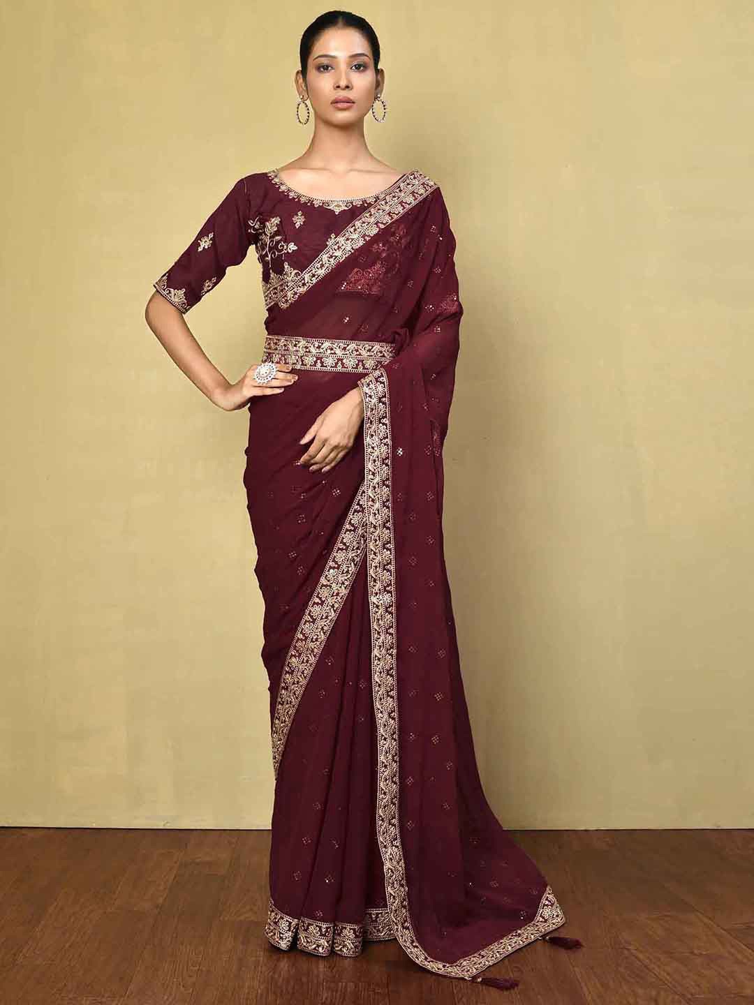 

Satrani Floral Sequinned Belted Maheshwari Saree with Tassels, Maroon