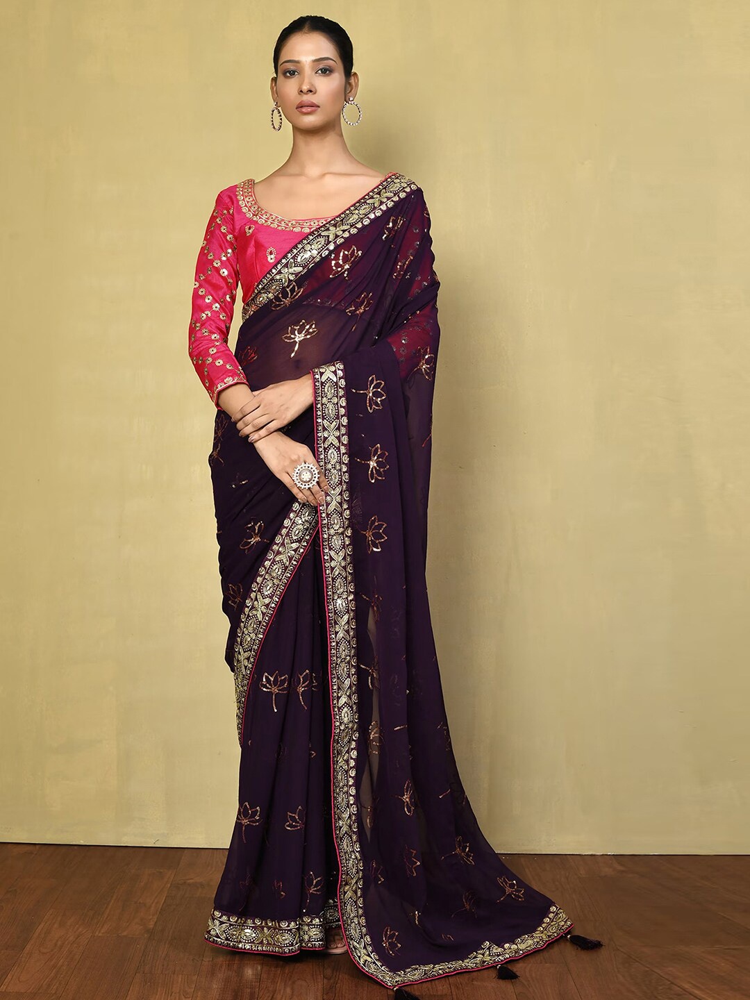 

Satrani Floral Sequinned Maheshwari Saree with Tassels, Purple