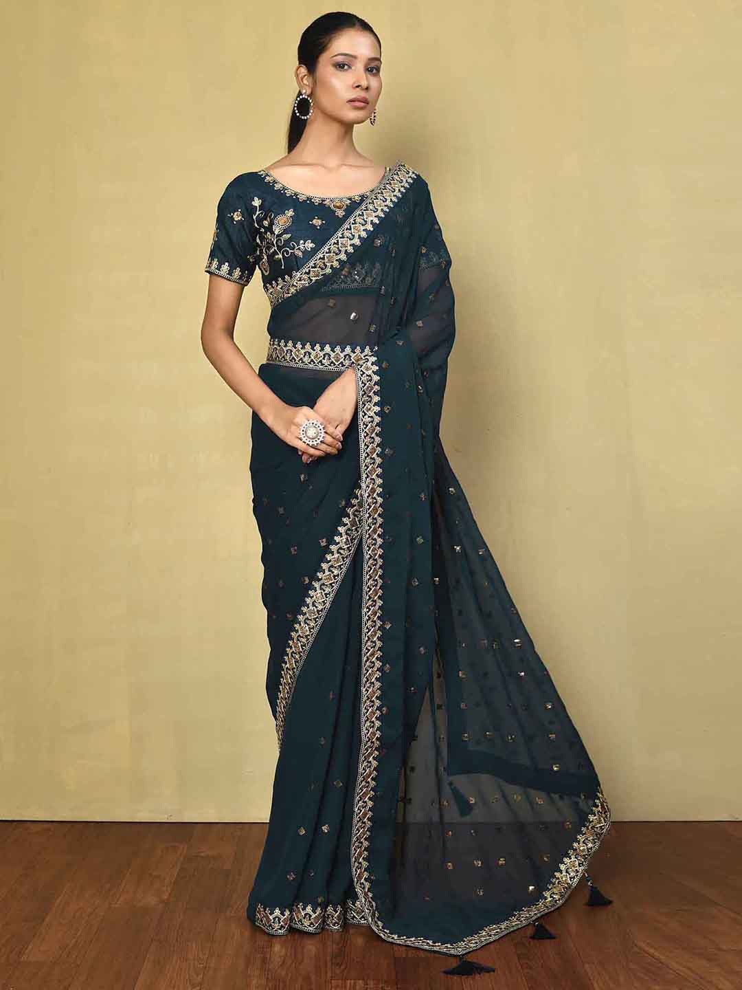 

Satrani Embellished Sequinned Belted Saree with Tassels, Teal