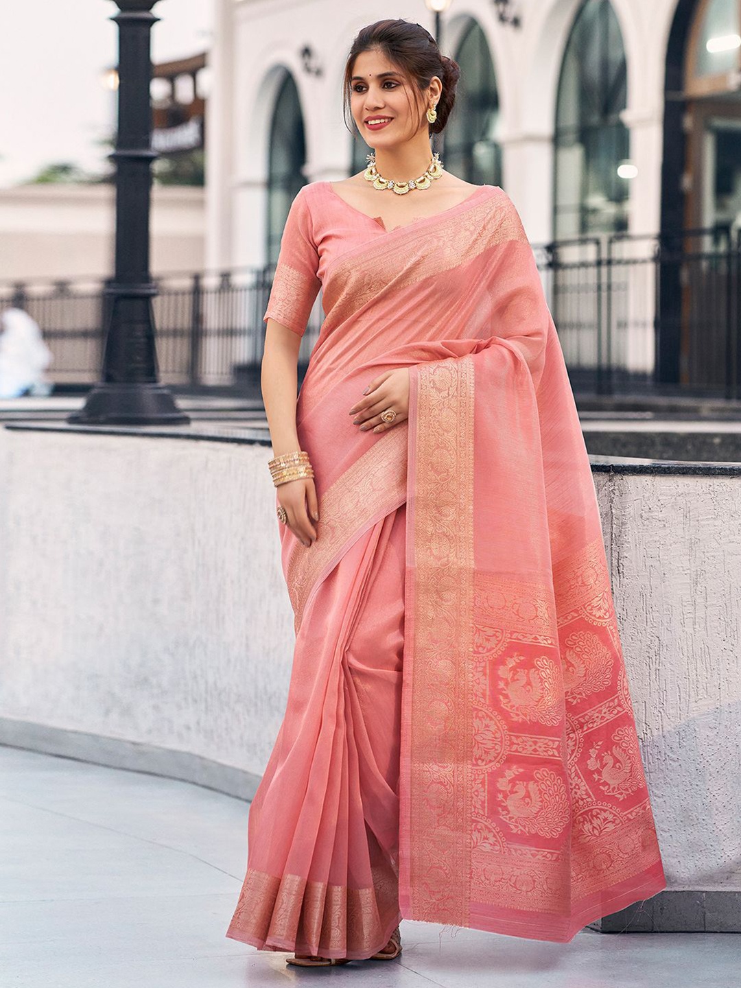 

Satrani Woven Design Zari Organza Banarasi Saree, Pink