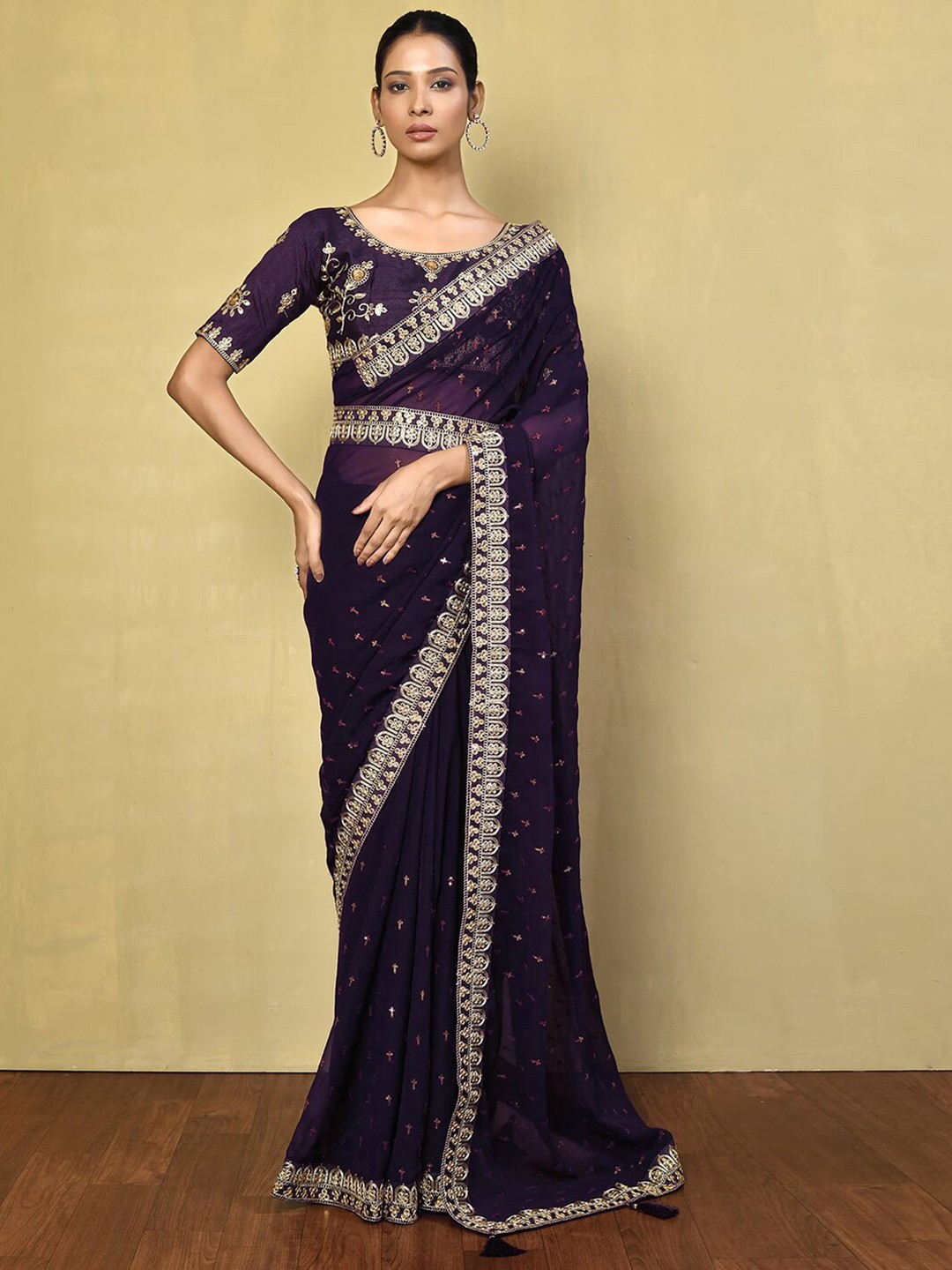 

Satrani Ethnic Motifs Embroidered Belted Saree with Tassels, Purple