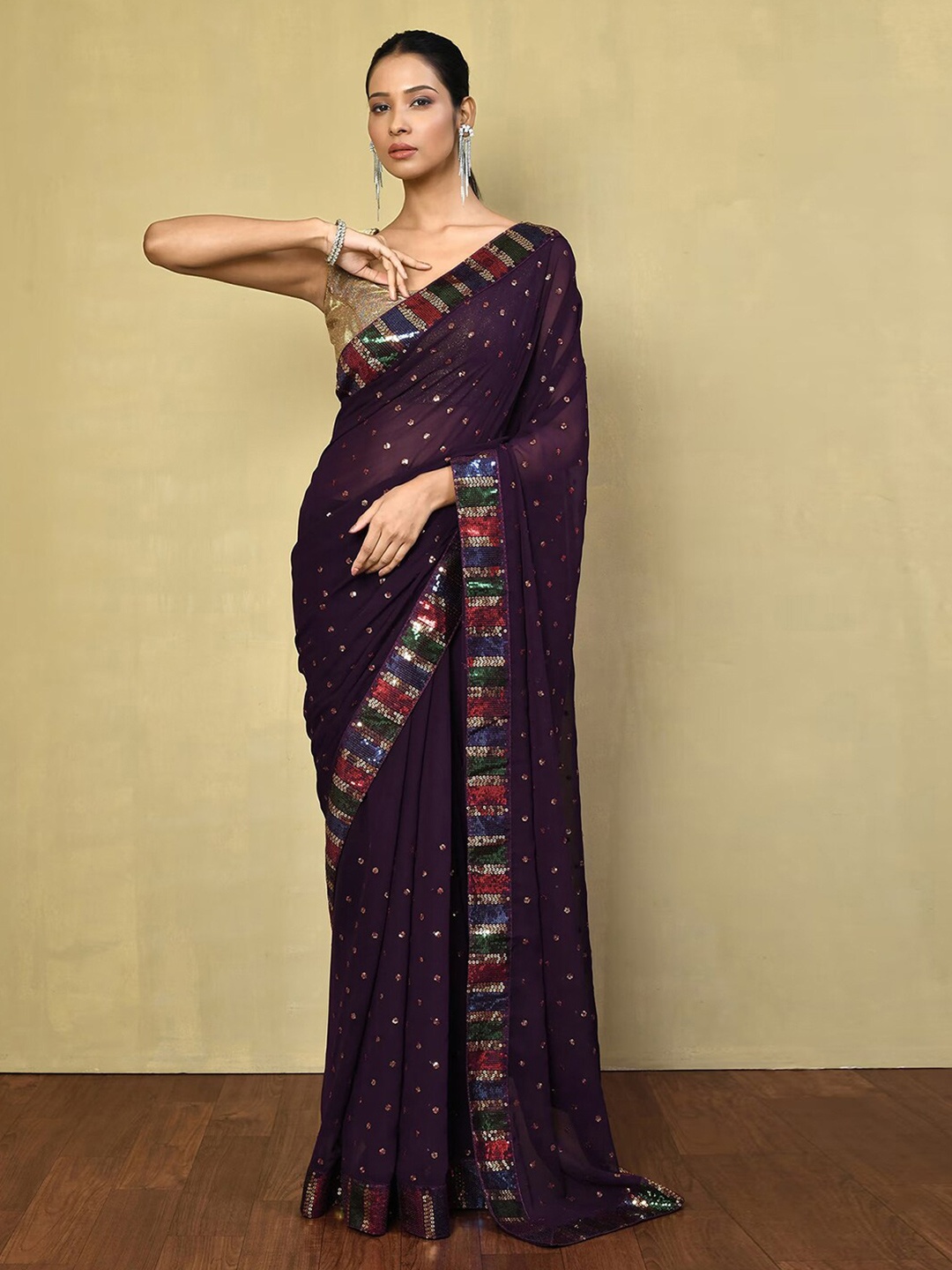 

Satrani Embellished Sequined Dharmavaram Saree, Purple