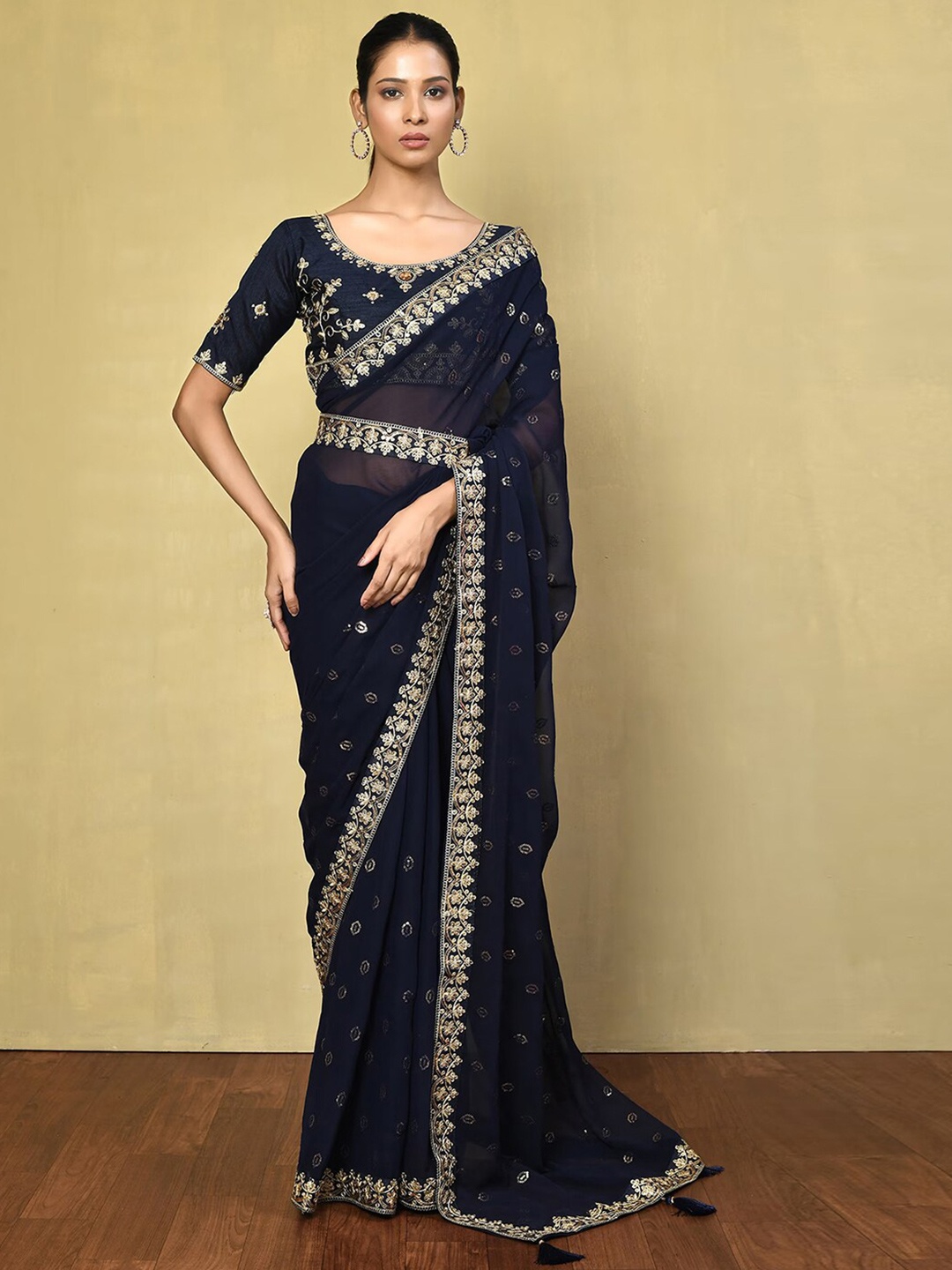 

Satrani Embellished Georgette Belted Saree, Navy blue