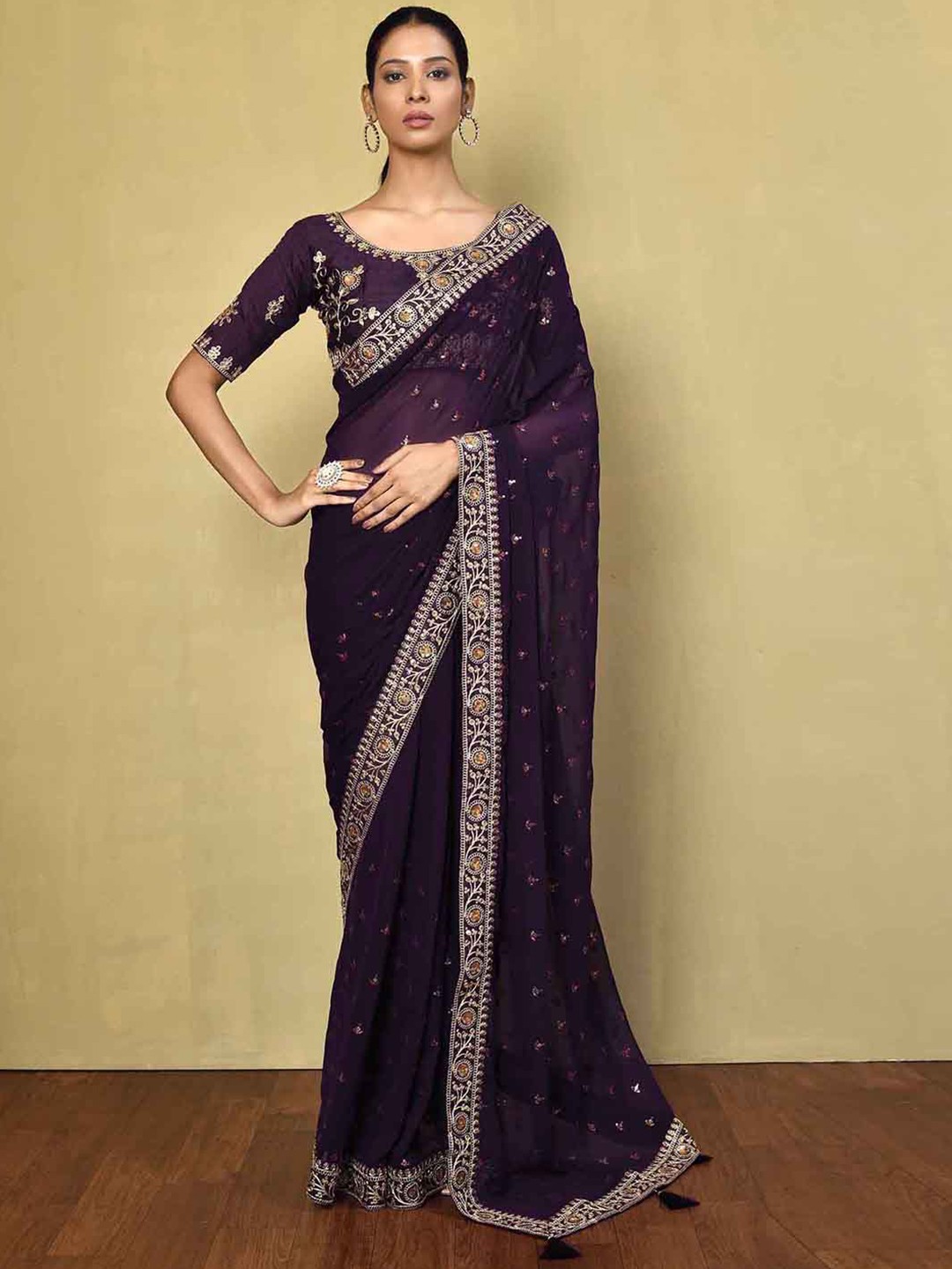 

Satrani Embellished Sequinned Georgette Maheshwari Saree, Purple
