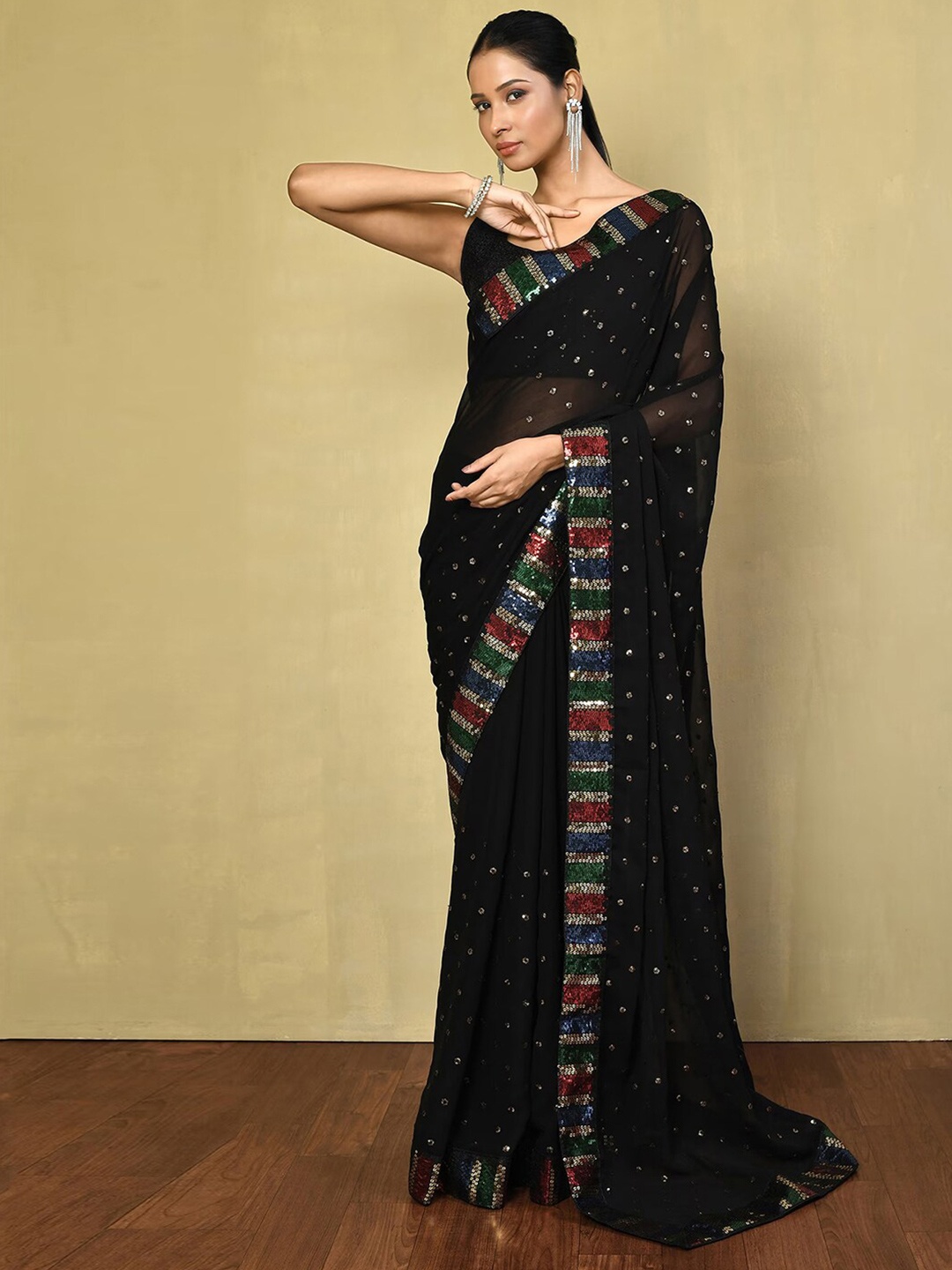 

Satrani Floral Sequinned Dharmavaram Saree, Black