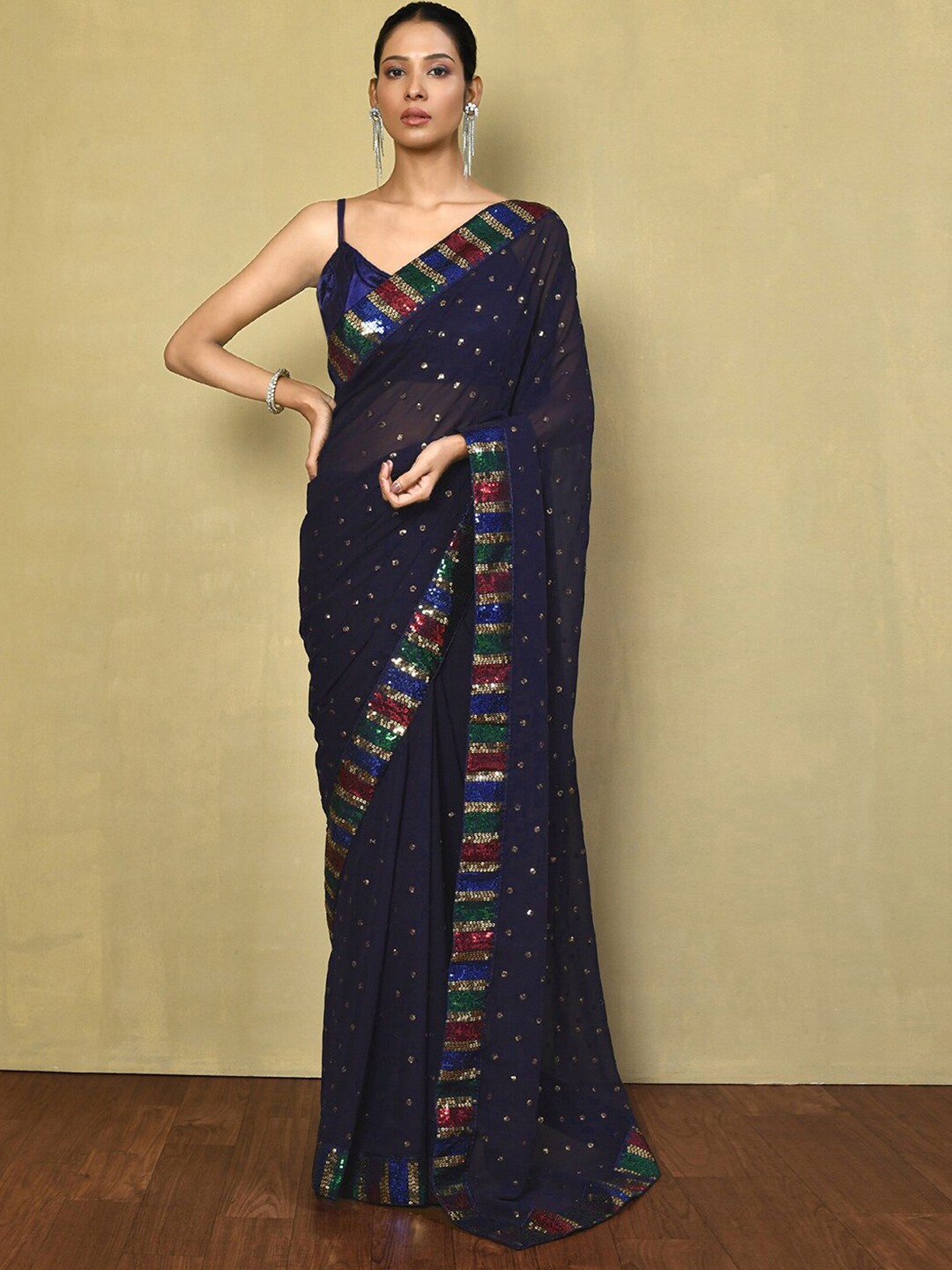 

Satrani Embellished Sequinned Saree, Navy blue