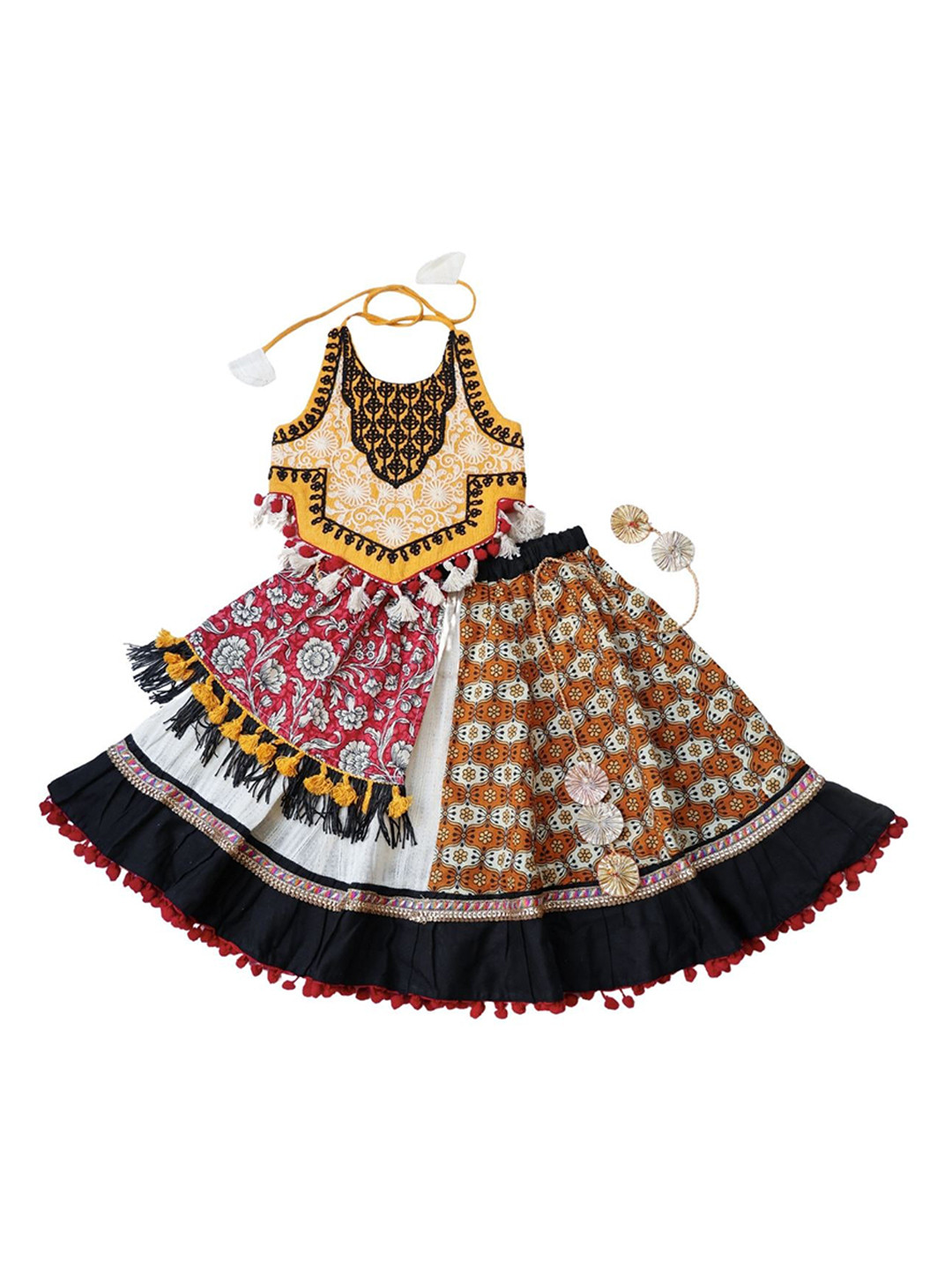 

Halemons Girls Printed Cotton Layered Lehenga Choli, Black