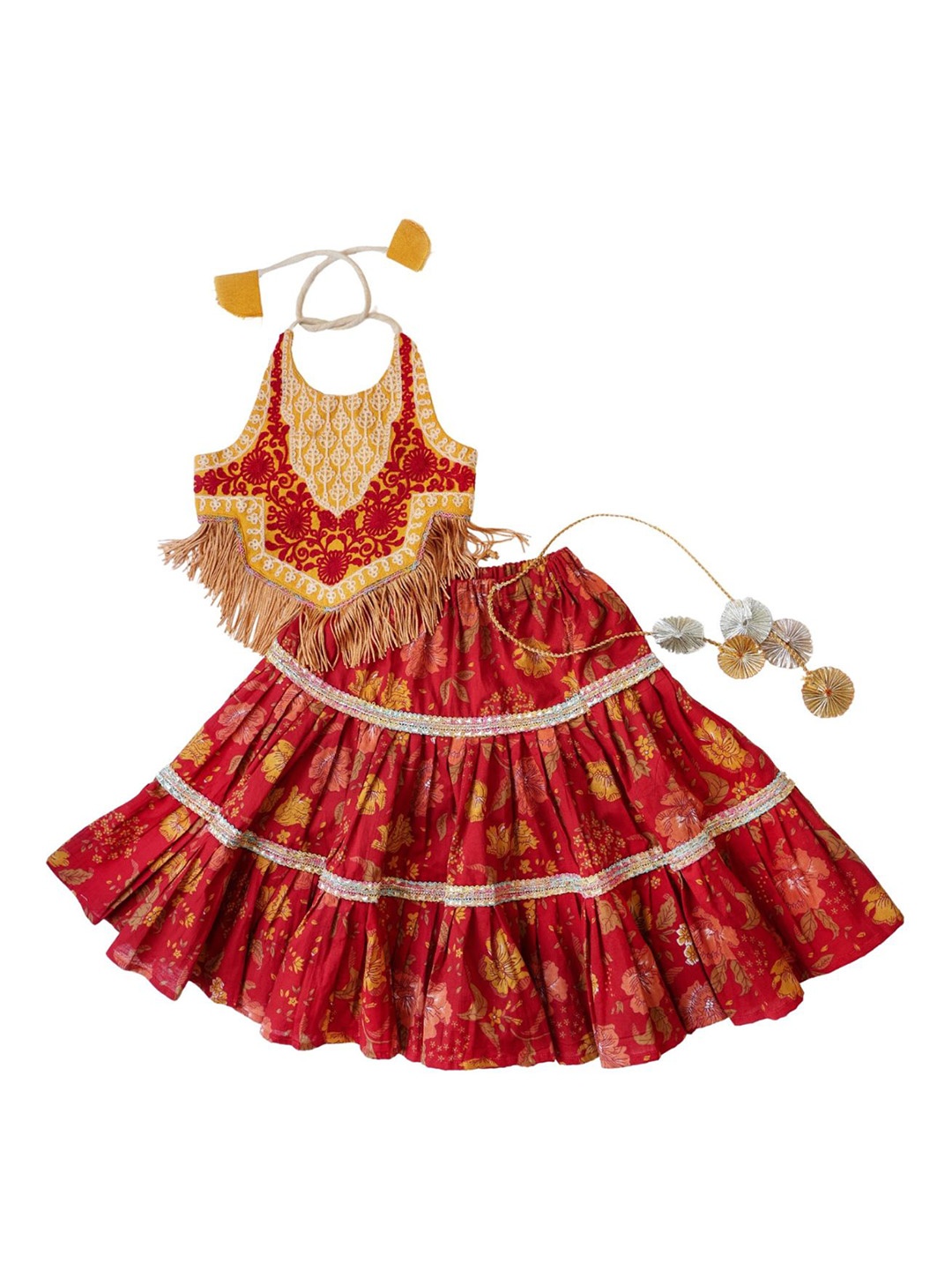 

HALEMONS Girls Embroidered Cotton Sleeveless Frilled Lehenga Choli, Red