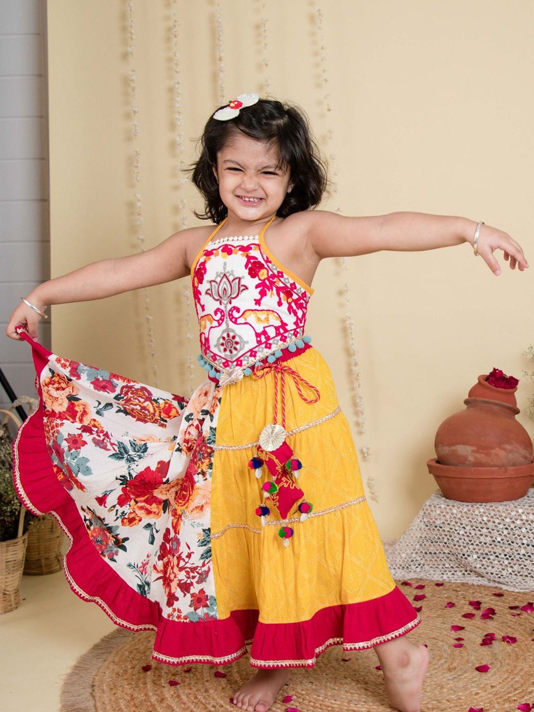

HALEMONS Girls Embroidered Halter Neck Cotton Lehenga Choli, Yellow