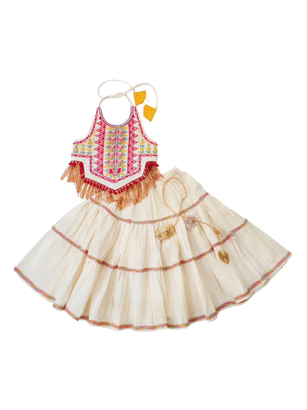

HALEMONS Girls Embroidered Cotton Sleeveless Frilled Lehenga Choli, Cream
