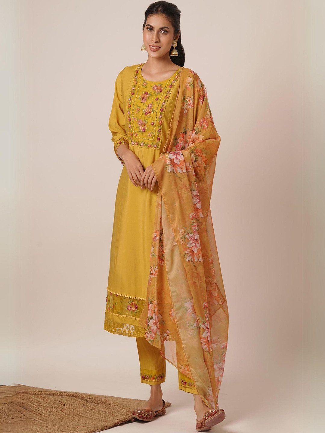 

NIZA FASHION Women Ethnic Motifs Yoke Design Regular Thread Work Kurta with Trousers & With Dupatta, Yellow