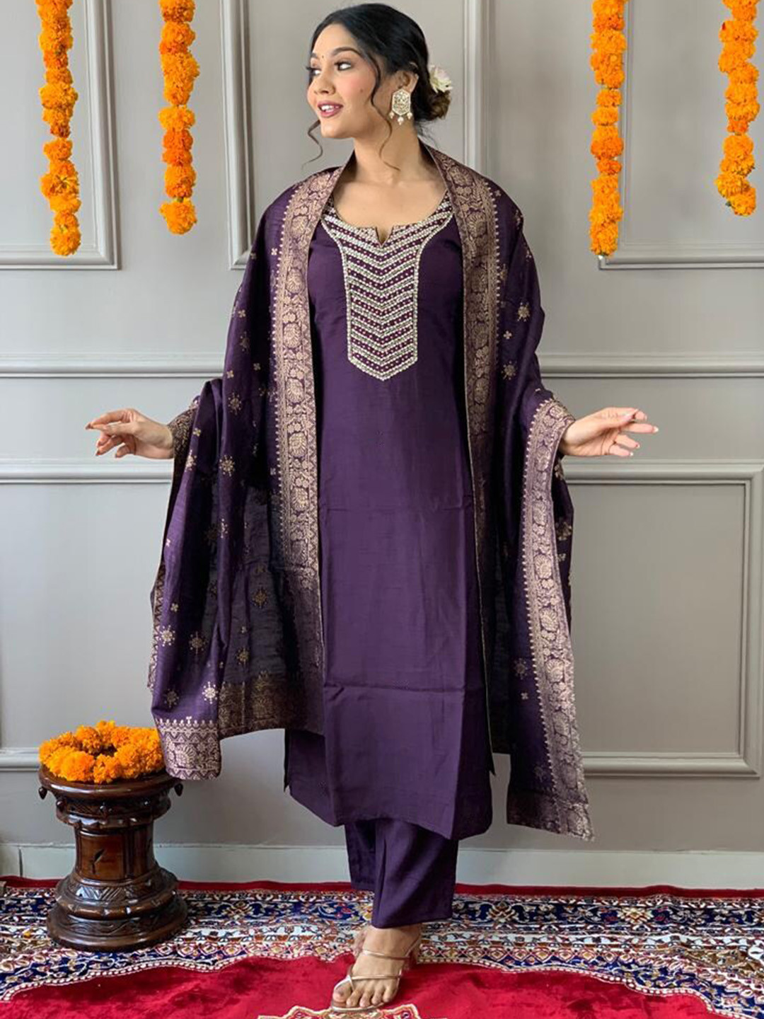 

NIZA FASHION Notch Neck Floral Embroidered Straight Kurta with Trouser & Dupatta, Purple