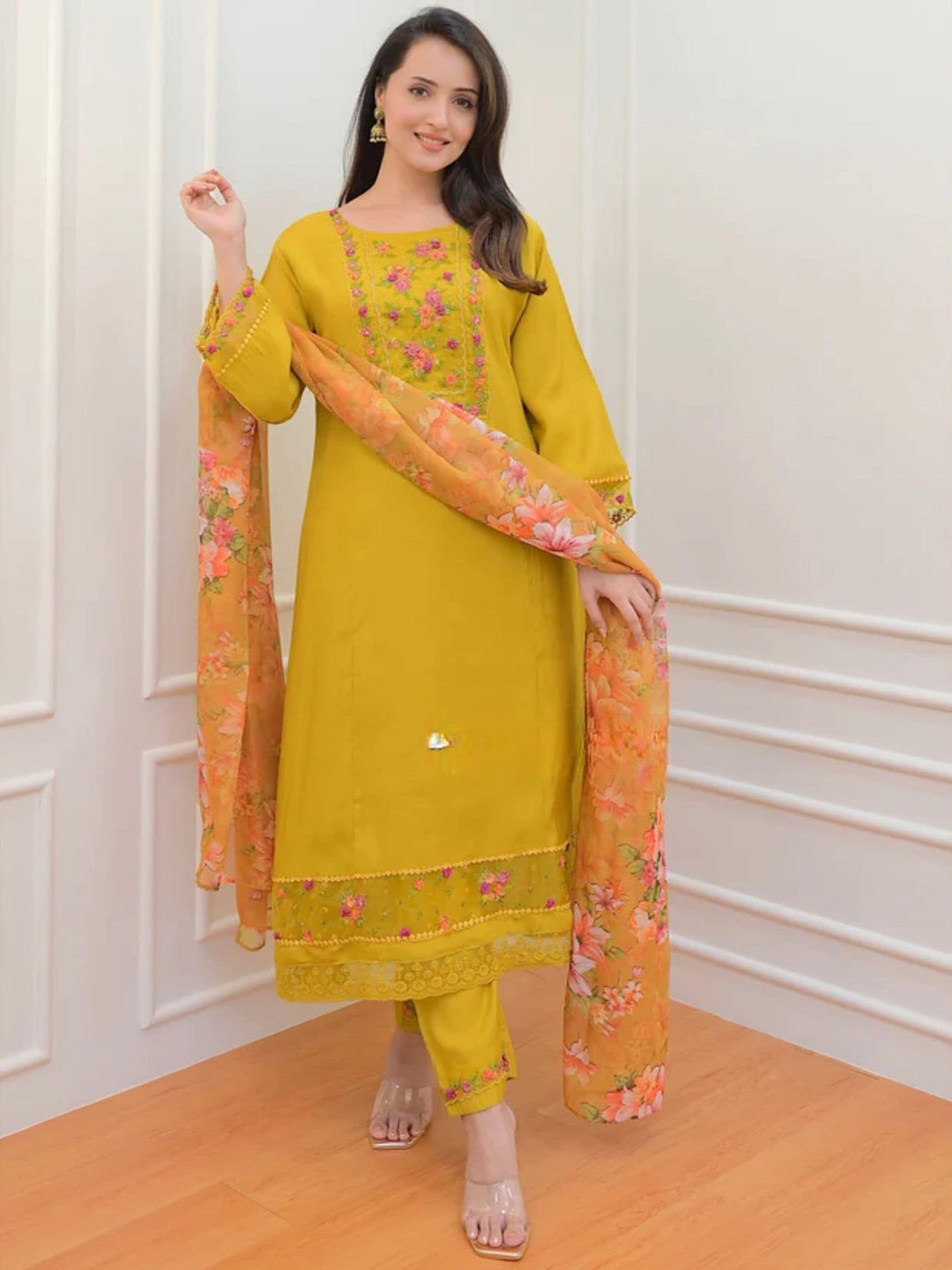 

NIZA FASHION Women Ethnic Motifs Yoke Design Regular Thread Work Kurta with Trousers & With Dupatta, Yellow