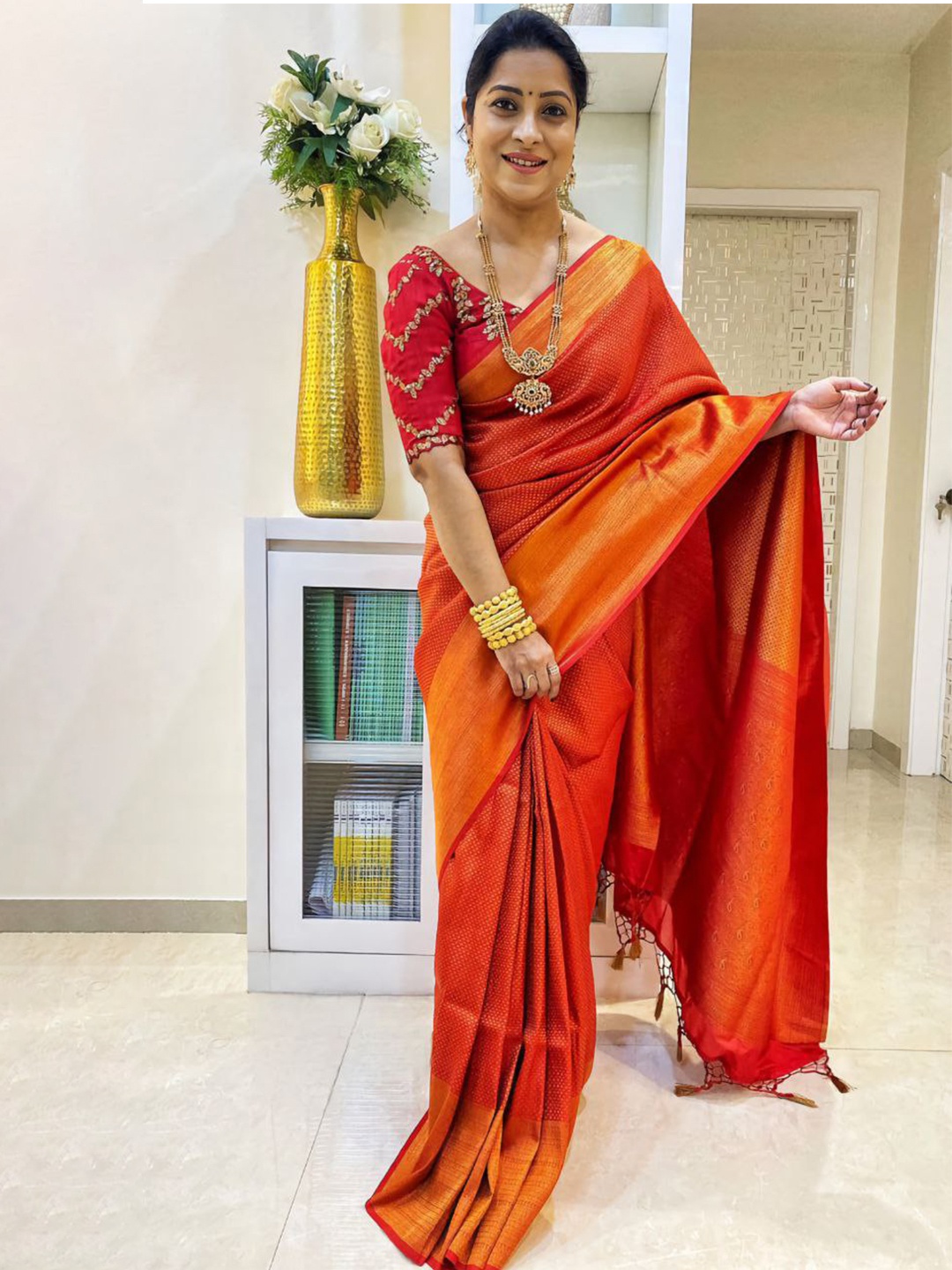 

KALINI Ethnic Motifs Woven Design Zari Detailed Banarasi Saree, Red