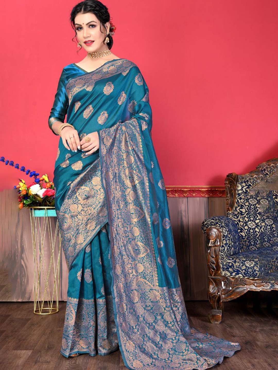 

KALINI Ethnic Motifs Woven Designed Zari Banarasi Saree, Teal