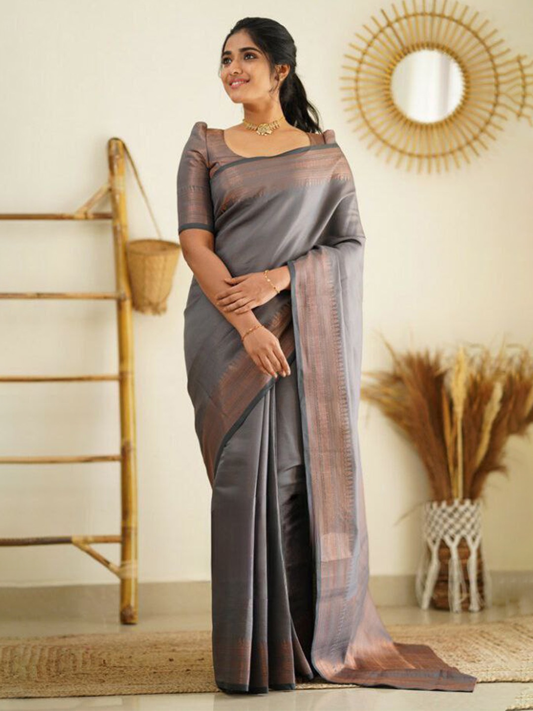 

KALINI Woven Design Bordered Zari Detailed Banarasi Saree, Grey