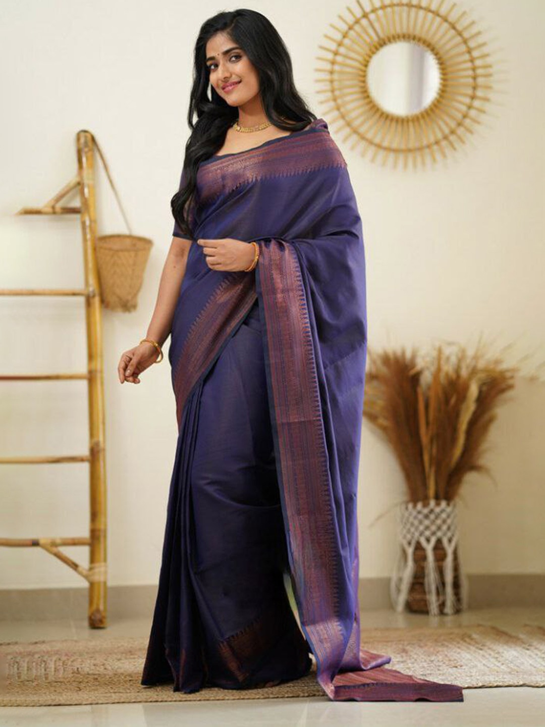 

KALINI Woven Design Bordered Zari Detailed Banarasi Saree, Navy blue
