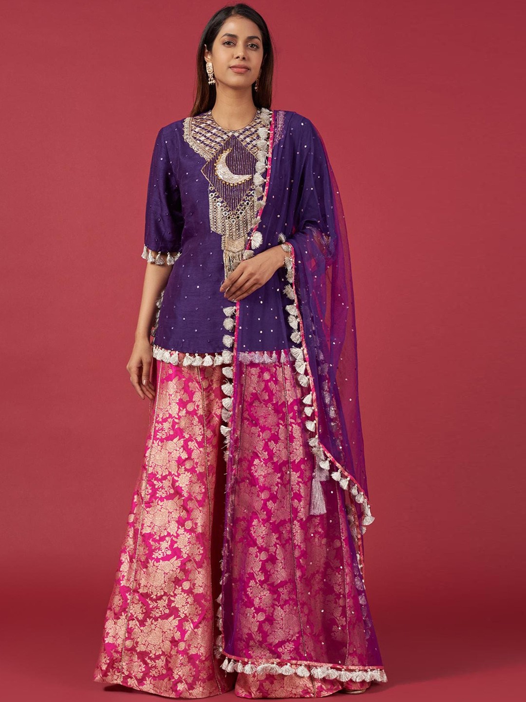 

Payal Singhal Paisley Yoke Design Gotta Patti Chanderi Silk Kurta & Sharara With Dupatta, Purple