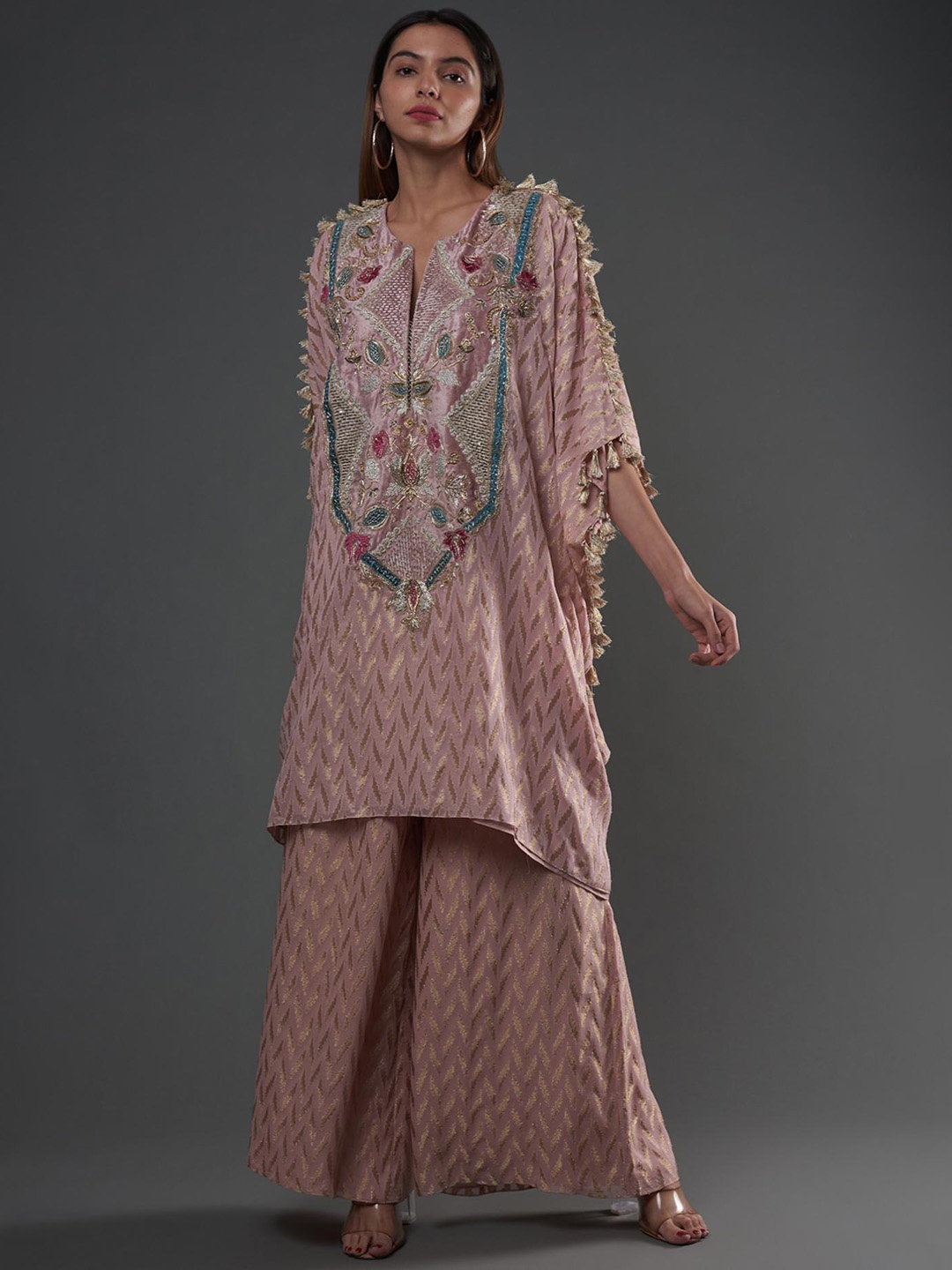 

Payal Singhal Ethnic Motifs Woven Design Zari Kaftan Kurta With Palazzos, Pink