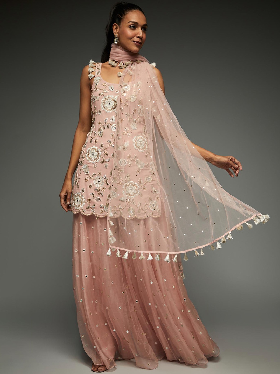 

Payal Singhal Floral Embroidered Georgette Kurta With Sharara & Dupatta, Pink