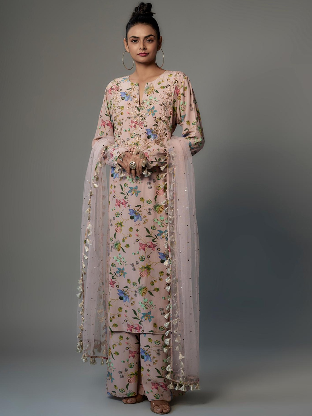 

Payal Singhal Floral Embroidered Yoke Kurta With Palazzo & Dupatta, Pink