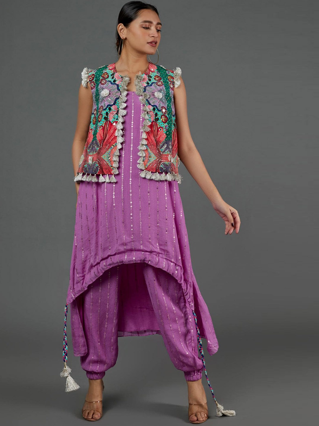 

Payal Singhal Striped Woven Design Thread Work Georgette A-Line Kurta With Jogger Pant, Red