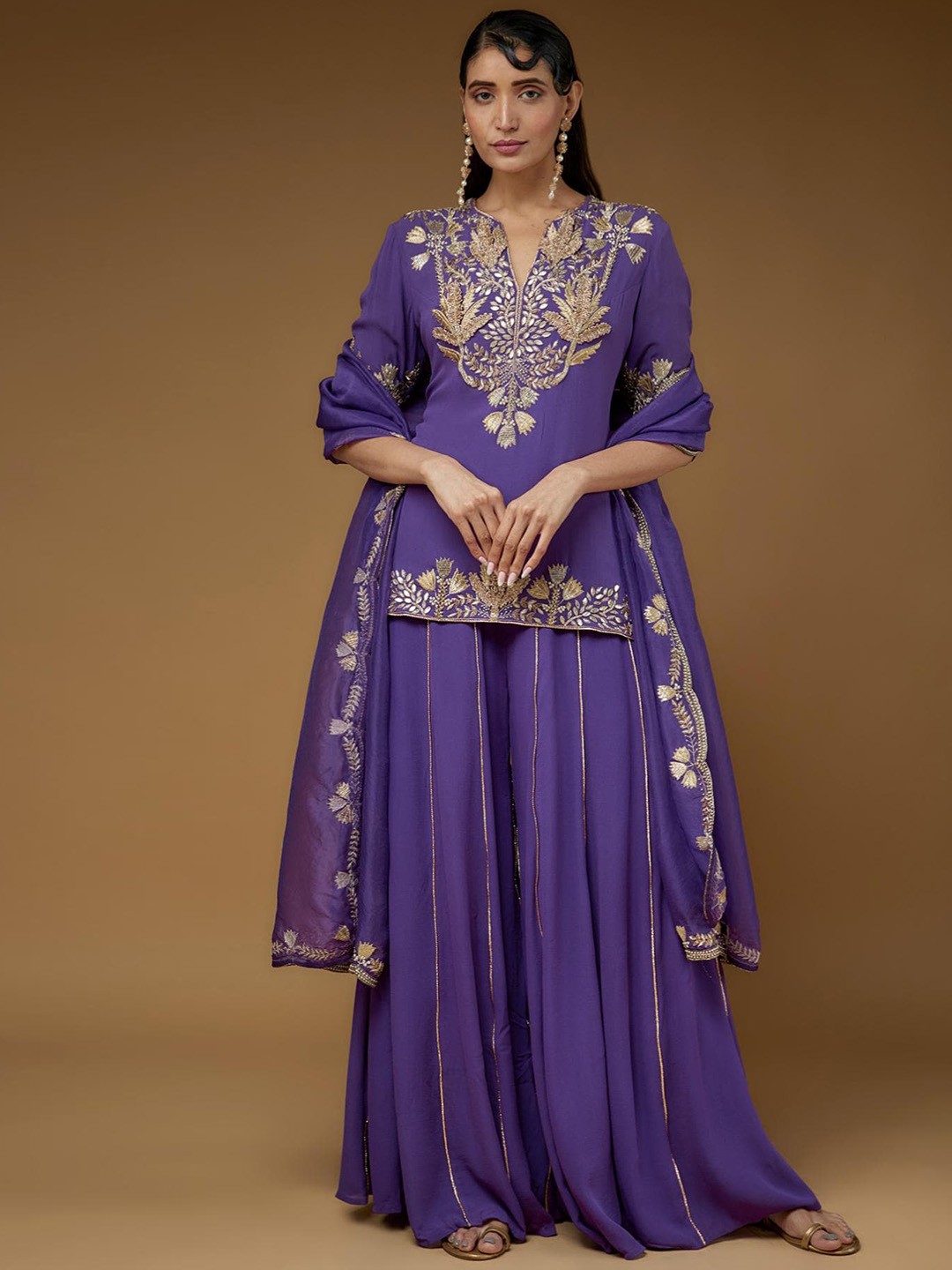 

Payal Singhal Ethnic Motifs Embroidered Thread Work Georgette A-Line Kurta Set, Purple