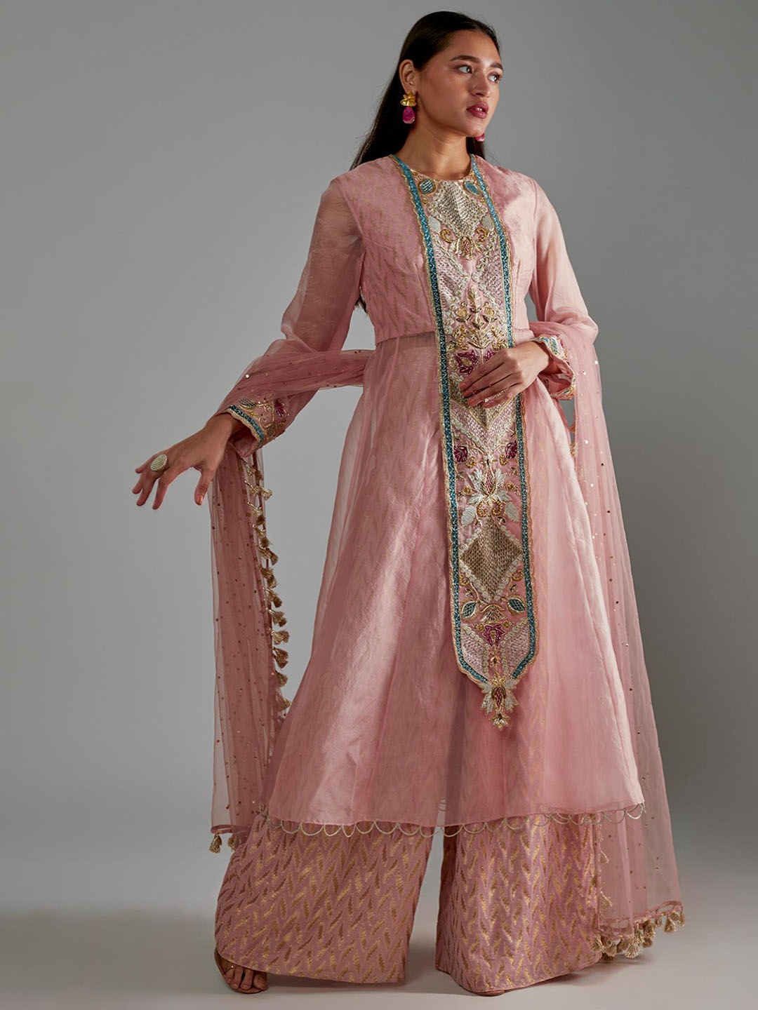 

Payal Singhal Embroidered Keyhole Neck Flared Sleeves Gotta Patti Kurta Palazzo & Dupatta, Pink