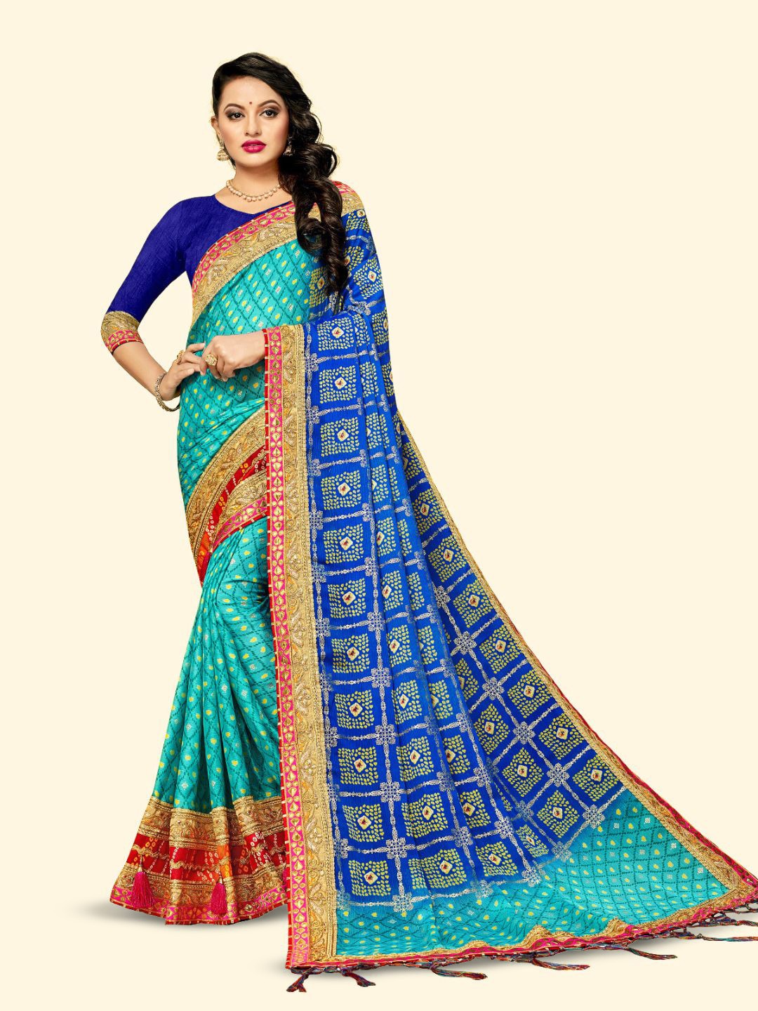 

Aruna Sarees Bandhani Printed Embroidered Pure Chiffon Half and Half Saree, Blue