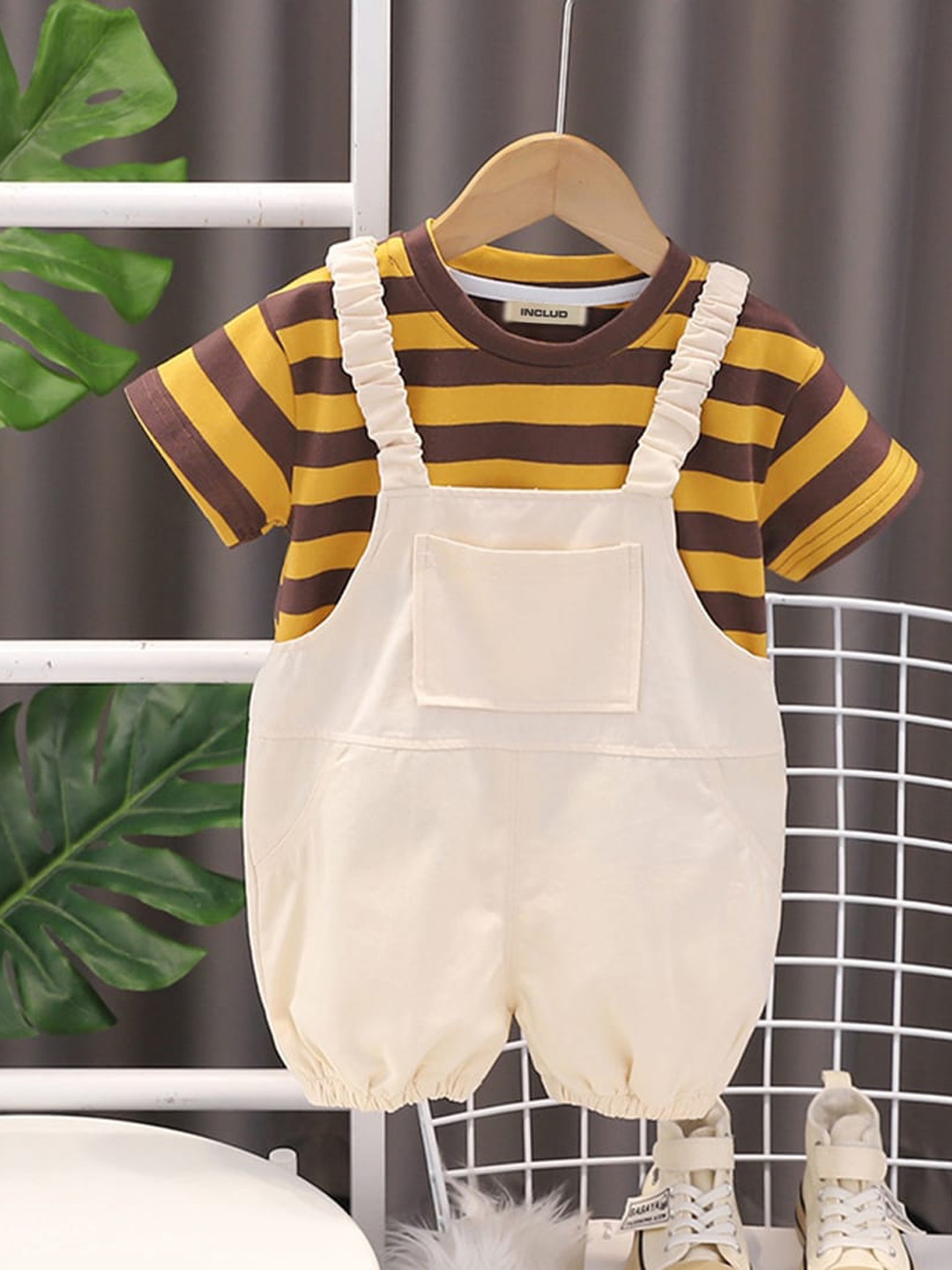 

INCLUD Boys Striped T-shirt & Dungaree, Yellow