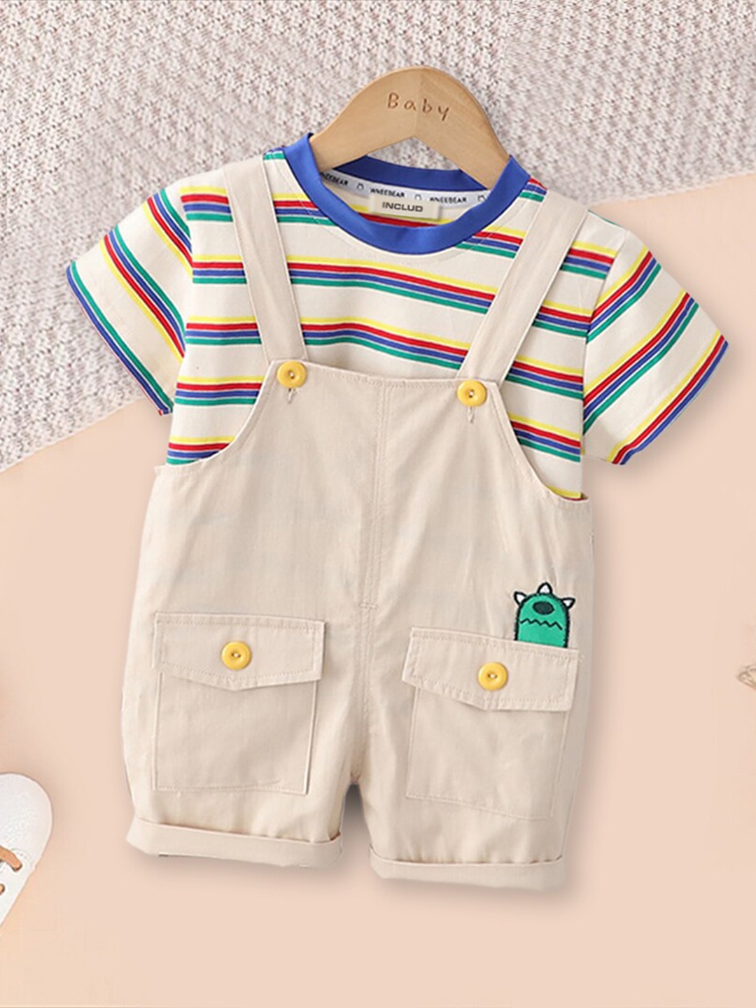 

INCLUD Boys Cotton Dungaree With T-Shirt, Off white