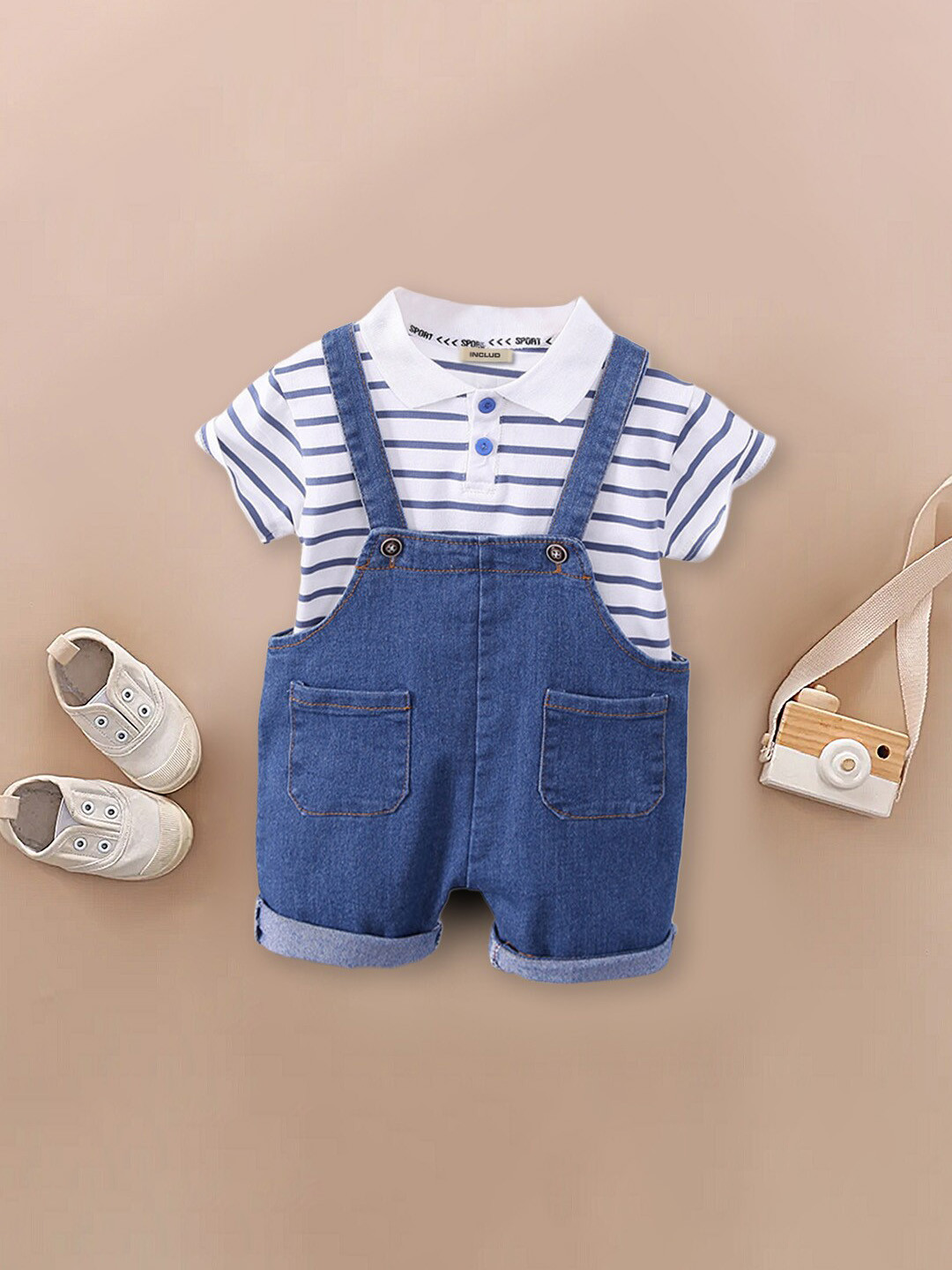 

INCLUD Boys Cotton T-shirt With Dungaree Set, Blue