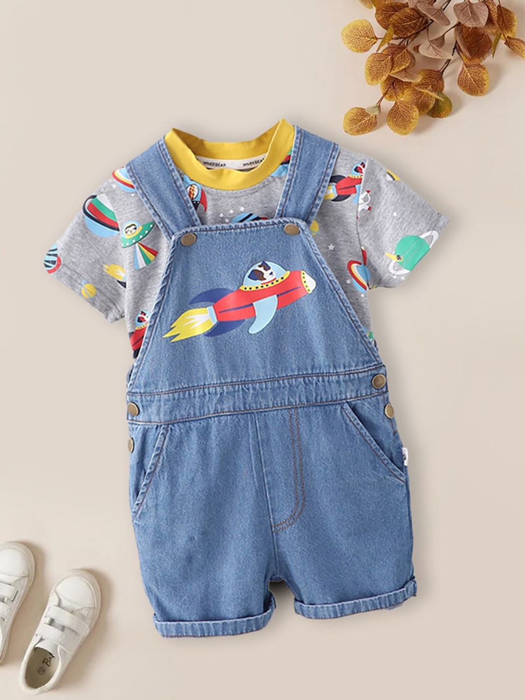 

INCLUD Infant Boys Graphic Printed Cotton Dungaree With Printed T-Shirt, Grey