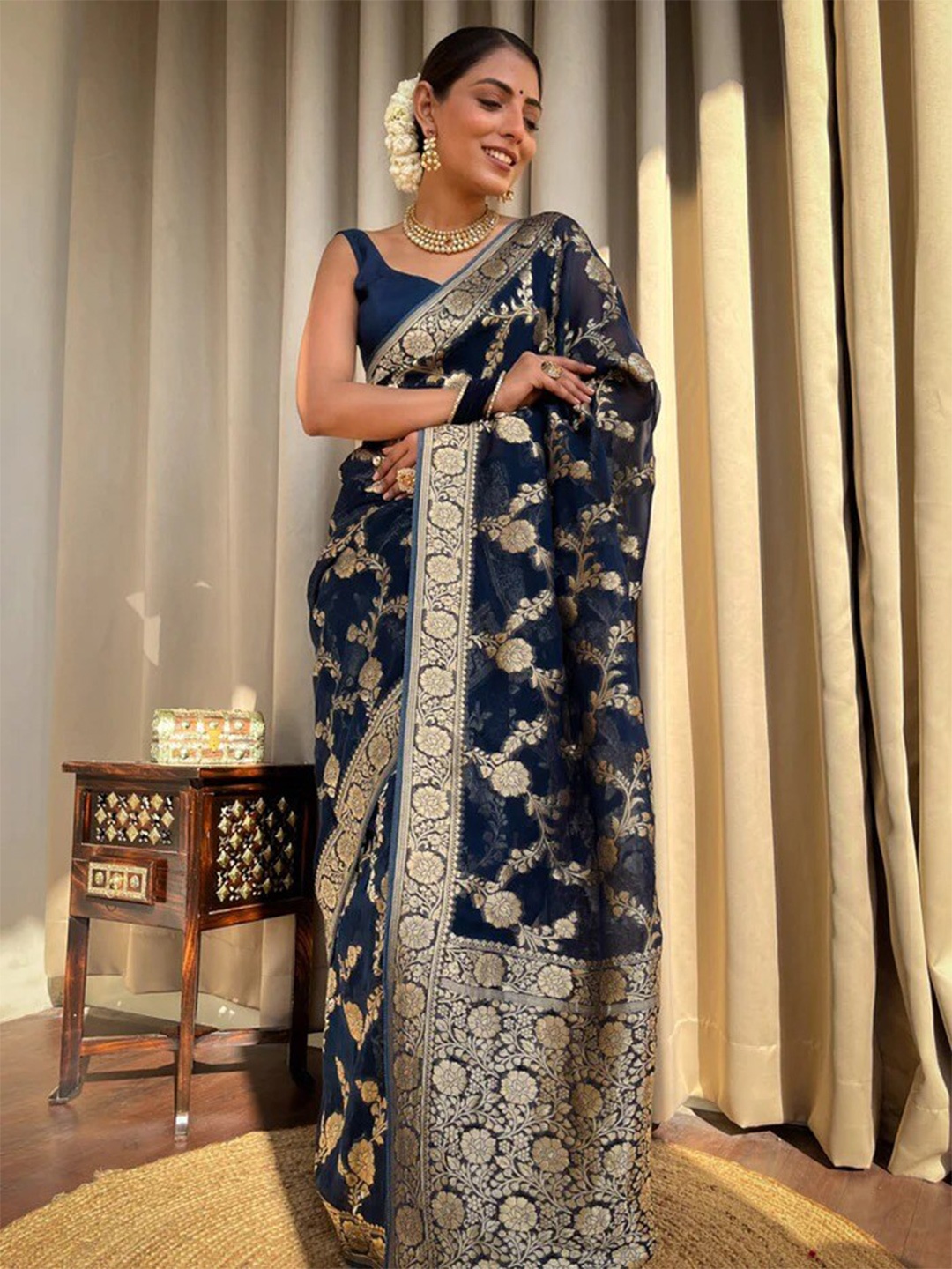 

Mitera Floral Zari Woven Design Saree, Blue