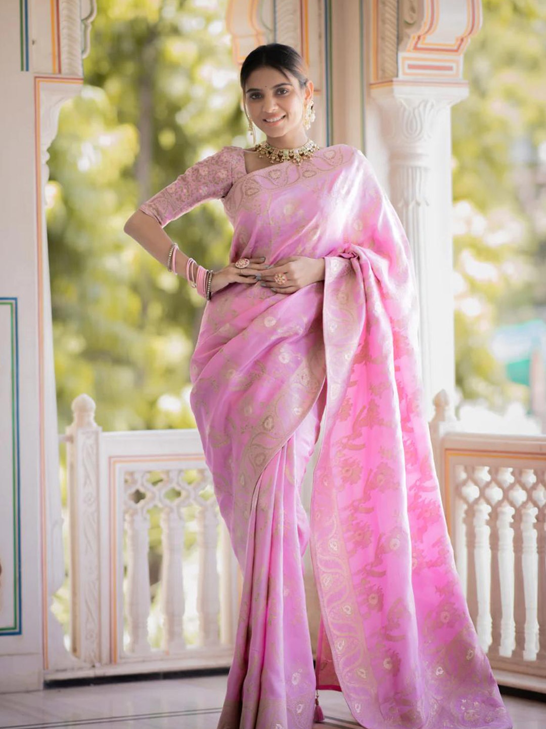 

Mitera Pink & Gold toned Ethnic Motifs Woven Design Zari Art Silk Saree