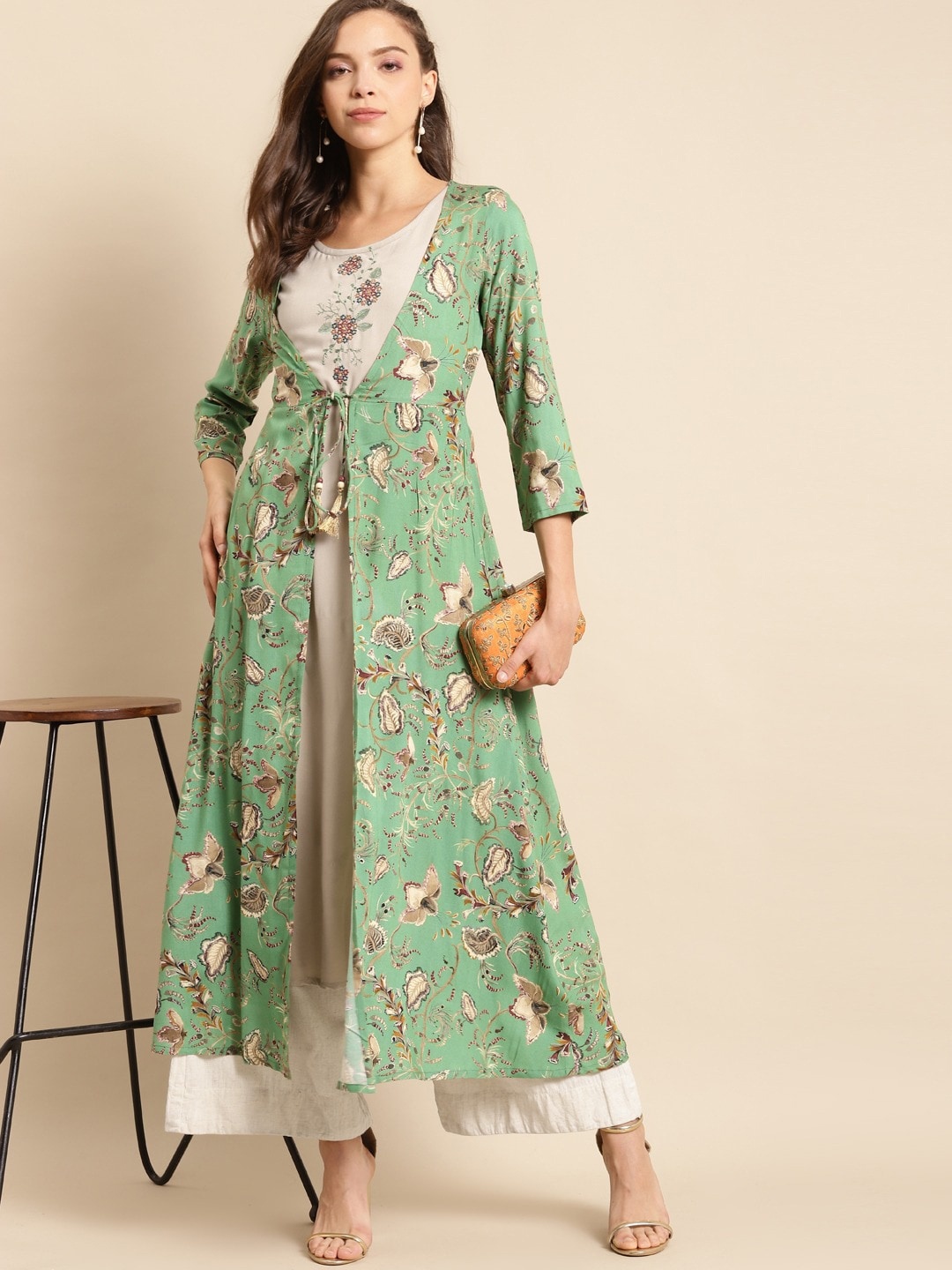 

all about you Floral Embroidered A-Line Kurta, Beige