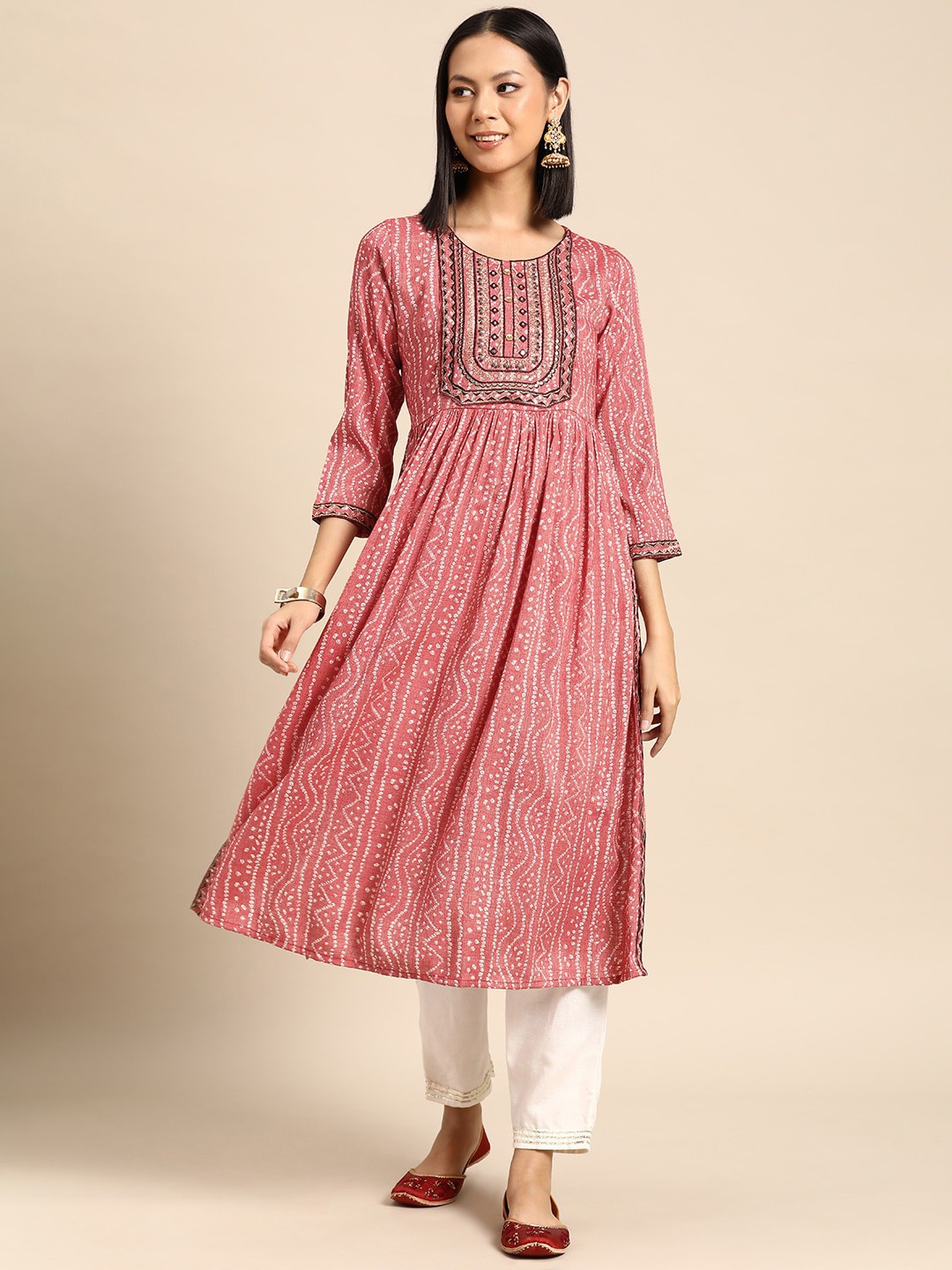 

all about you Bandhani Printed Round Neck Thread Work A-Line Kurta, Pink