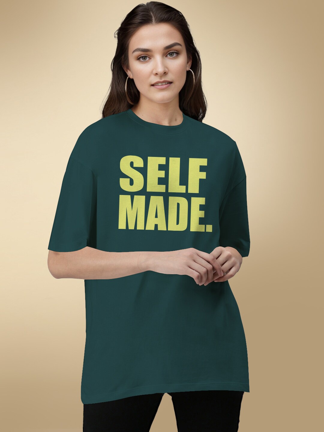 

HERE&NOW Typography Printed Round Neck Cotton Oversized T-shirt, Teal