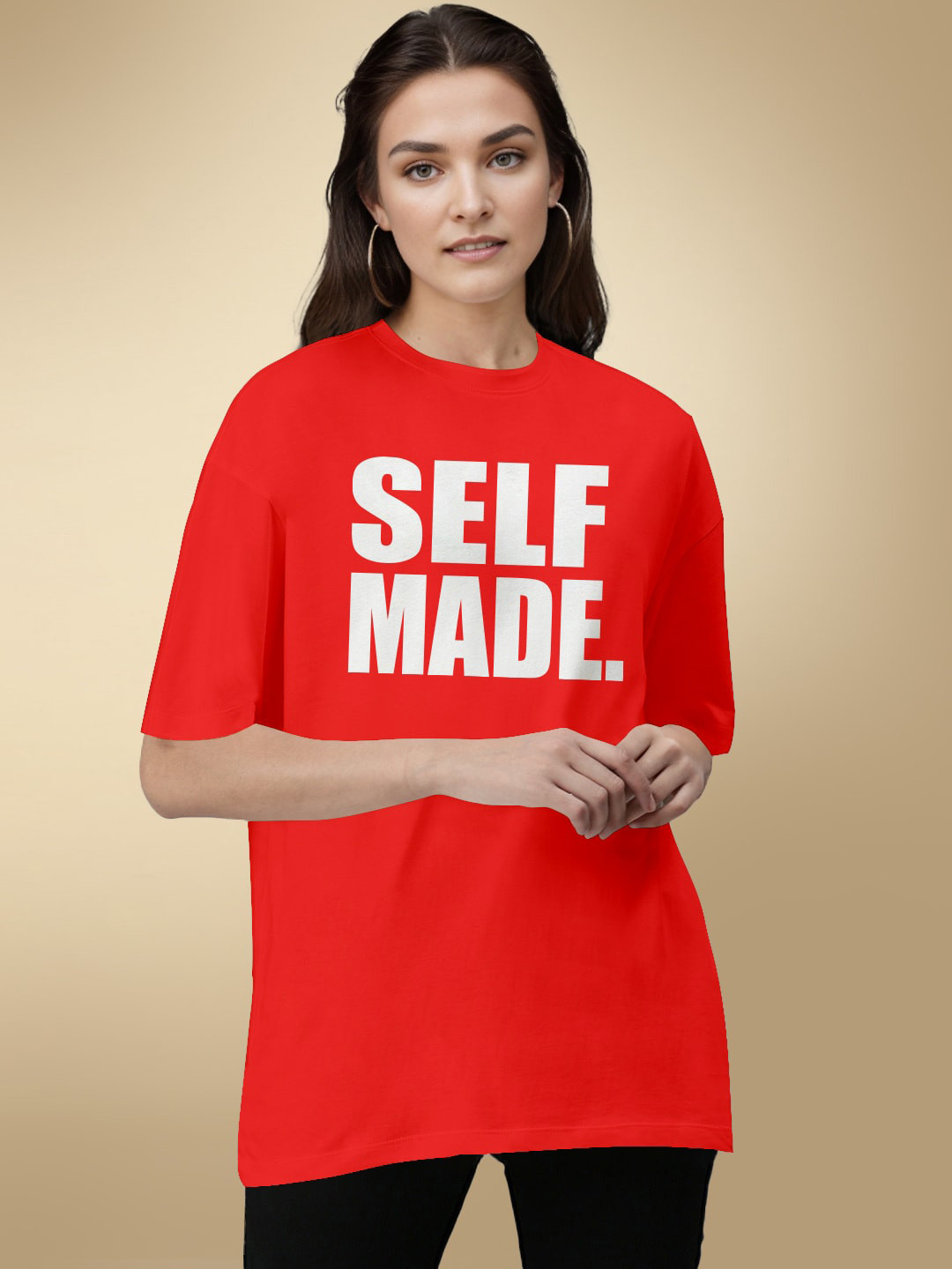 

HERE&NOW Typography Printed Round Neck Cotton Oversized T-shirt, Red