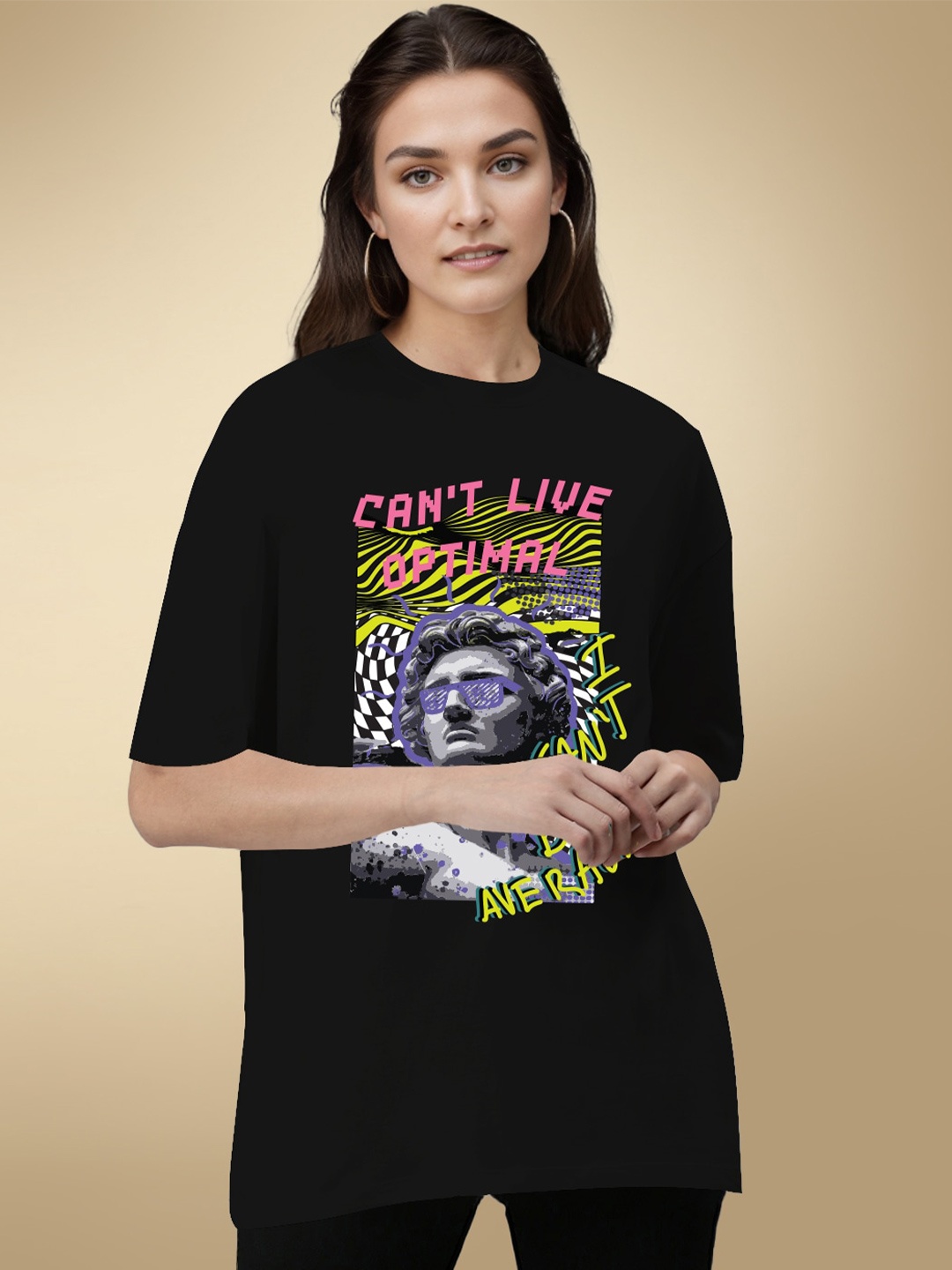 

HERE&NOW Graphic Printed Round Neck Cotton Oversized T-shirt, Black