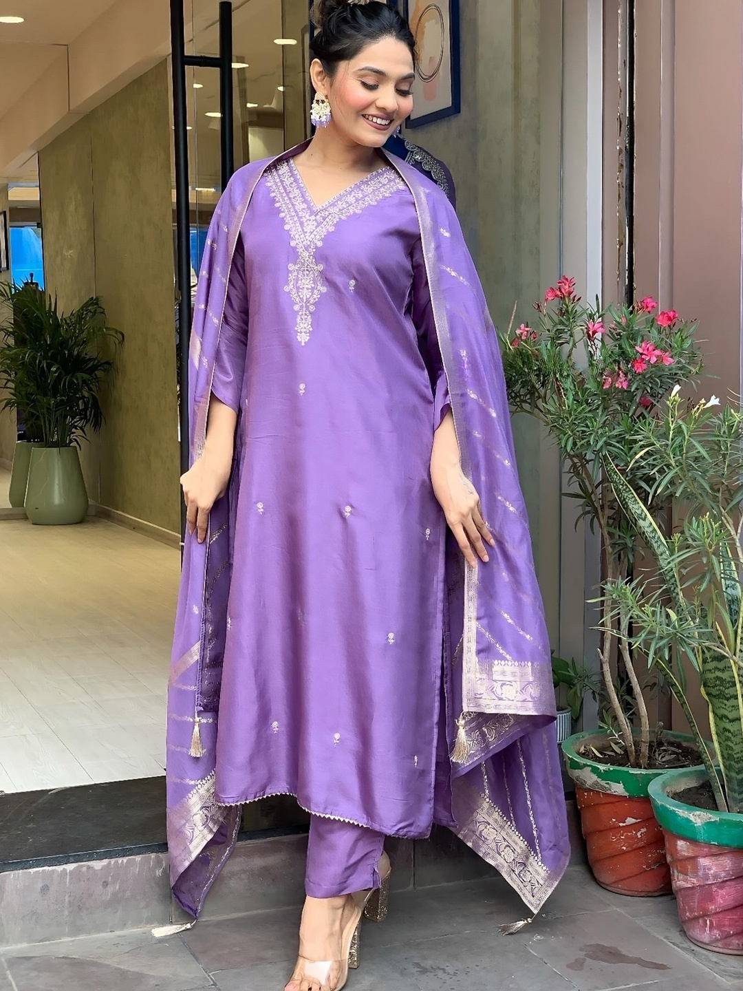 

NIZA FASHION V Neck Ethnic Motifs Embroidered Chanderi Silk Kurta with Trouser & Dupatta, Lavender