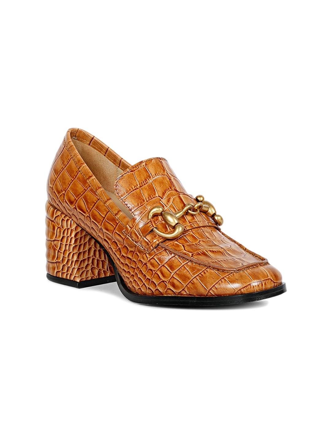 

Saint G Textured Square Toe Leather Block Heeled Pumps, Tan