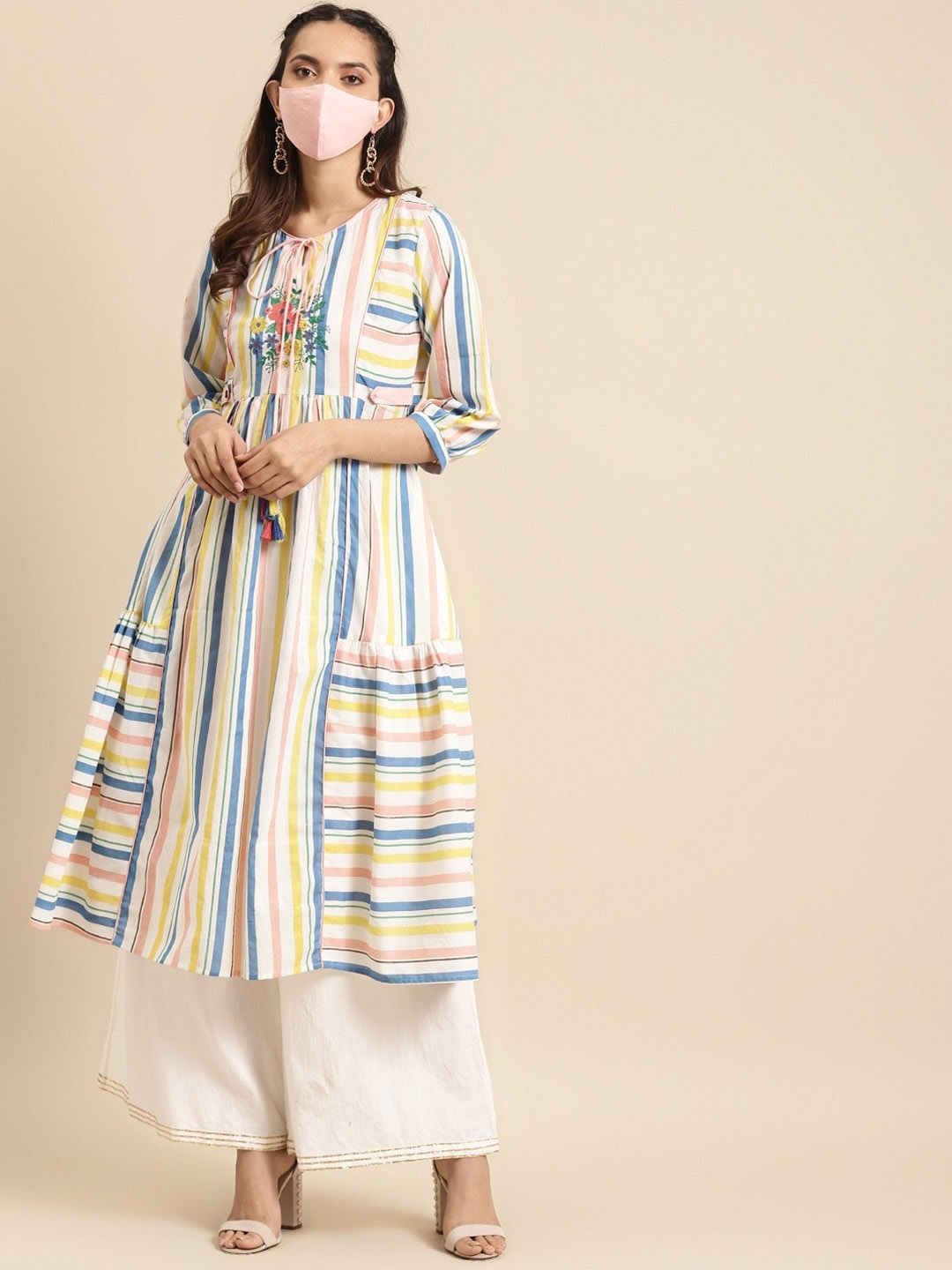

all about you Off White Striped Keyhole Neck Thread Work Pure Cotton A-Line Kurta
