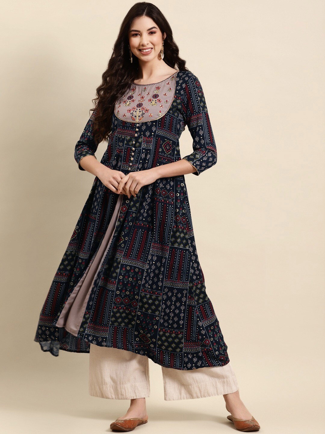 

all about you Ethnic Motifs Printed Sequinned Round Neck High Slit A-Line Kurta, Navy blue