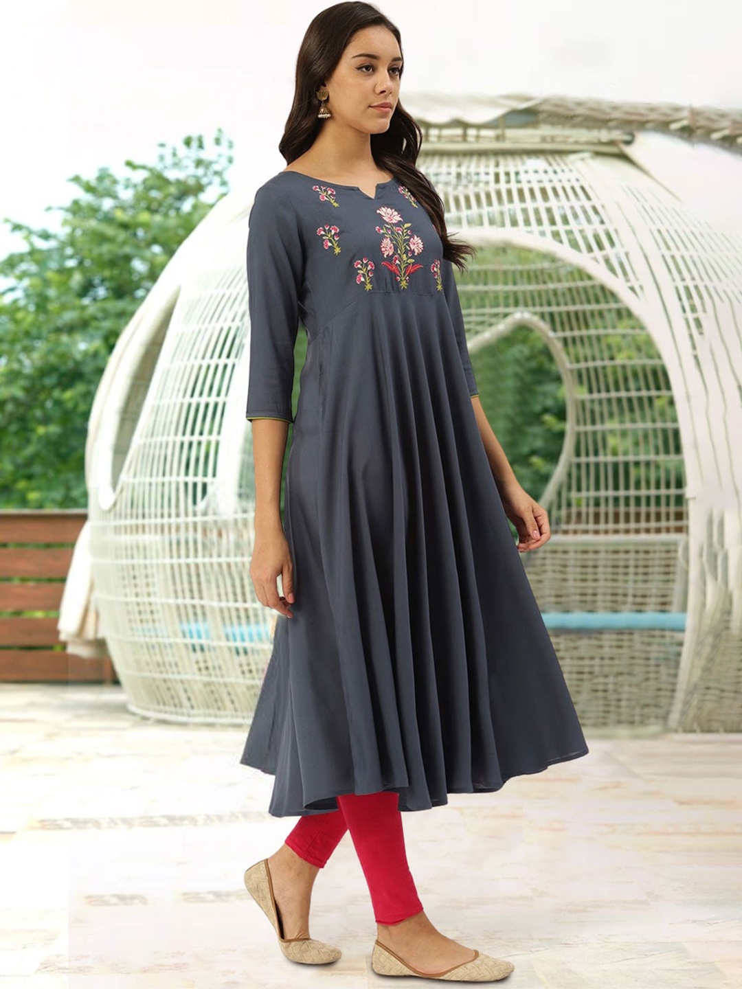 

all about you Flared Regular Sleeves Thread Work Empire Anarkali Kurta, Grey