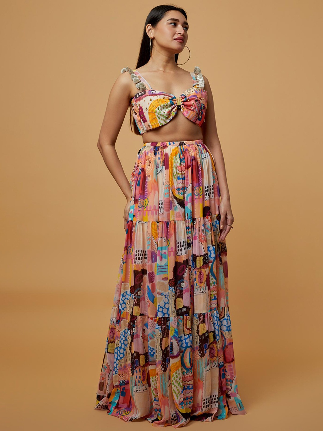 

Payal Singhal Floral Printed Embroidered Shoulder Straps Top with Skirt, Cream
