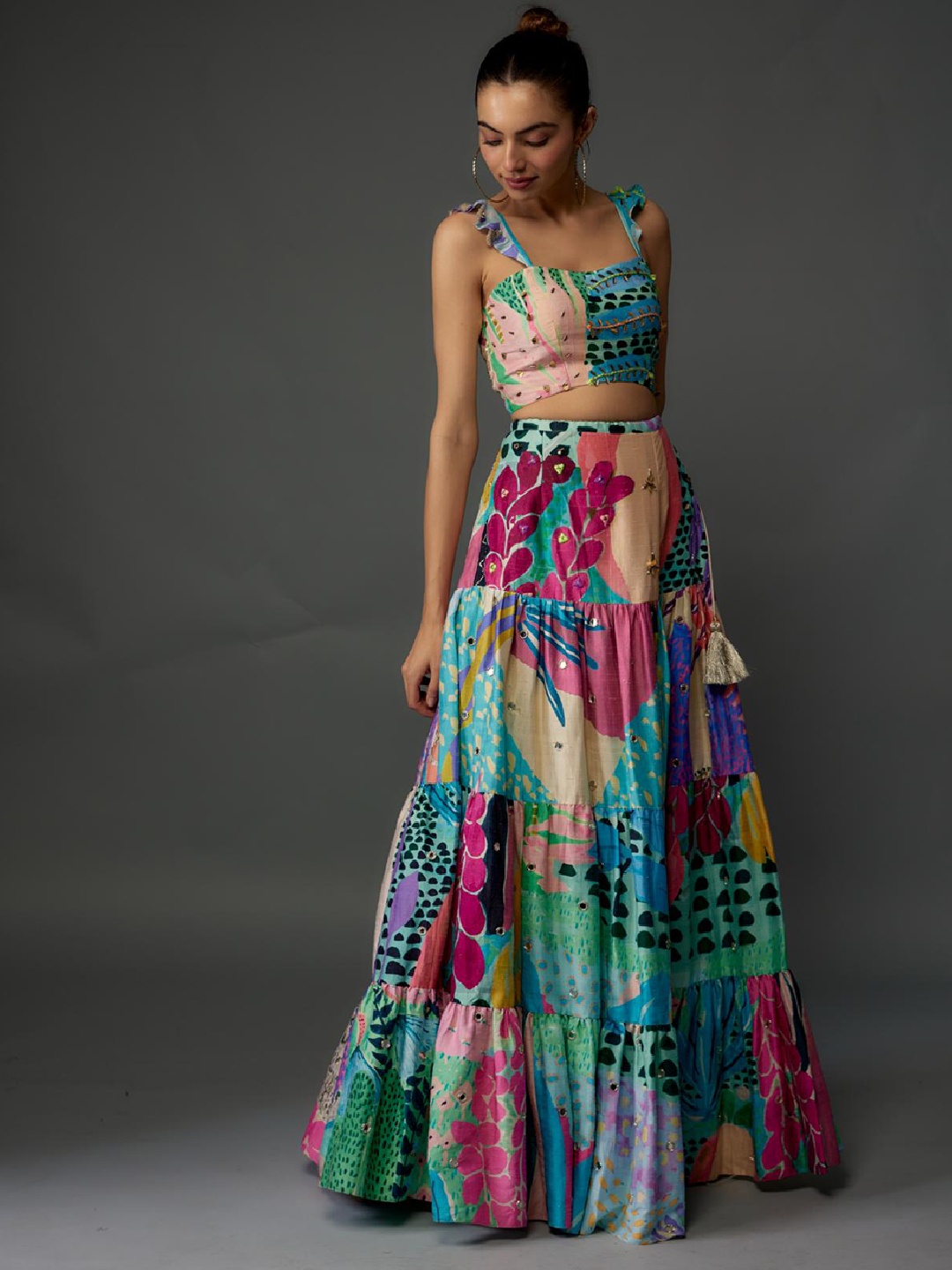 

Payal Singhal Printed Embroidered Shoulder Straps Top with Skirt, Blue