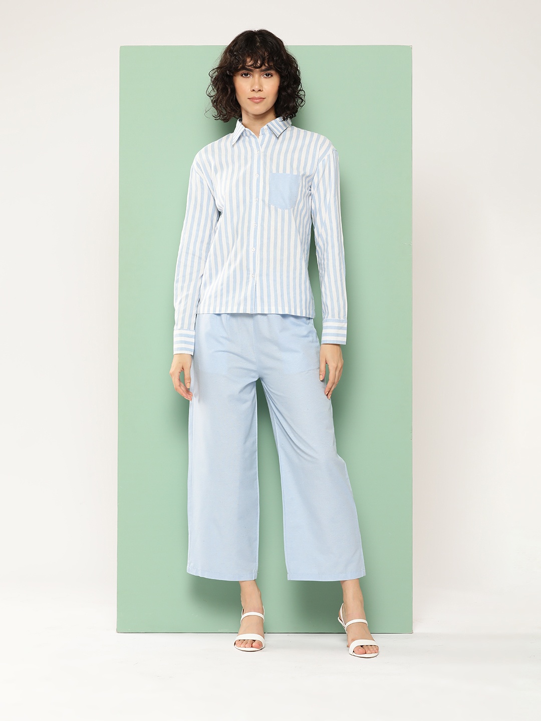 

BROOWL Women Striped Pure Cotton Shirt with Trousers, Blue