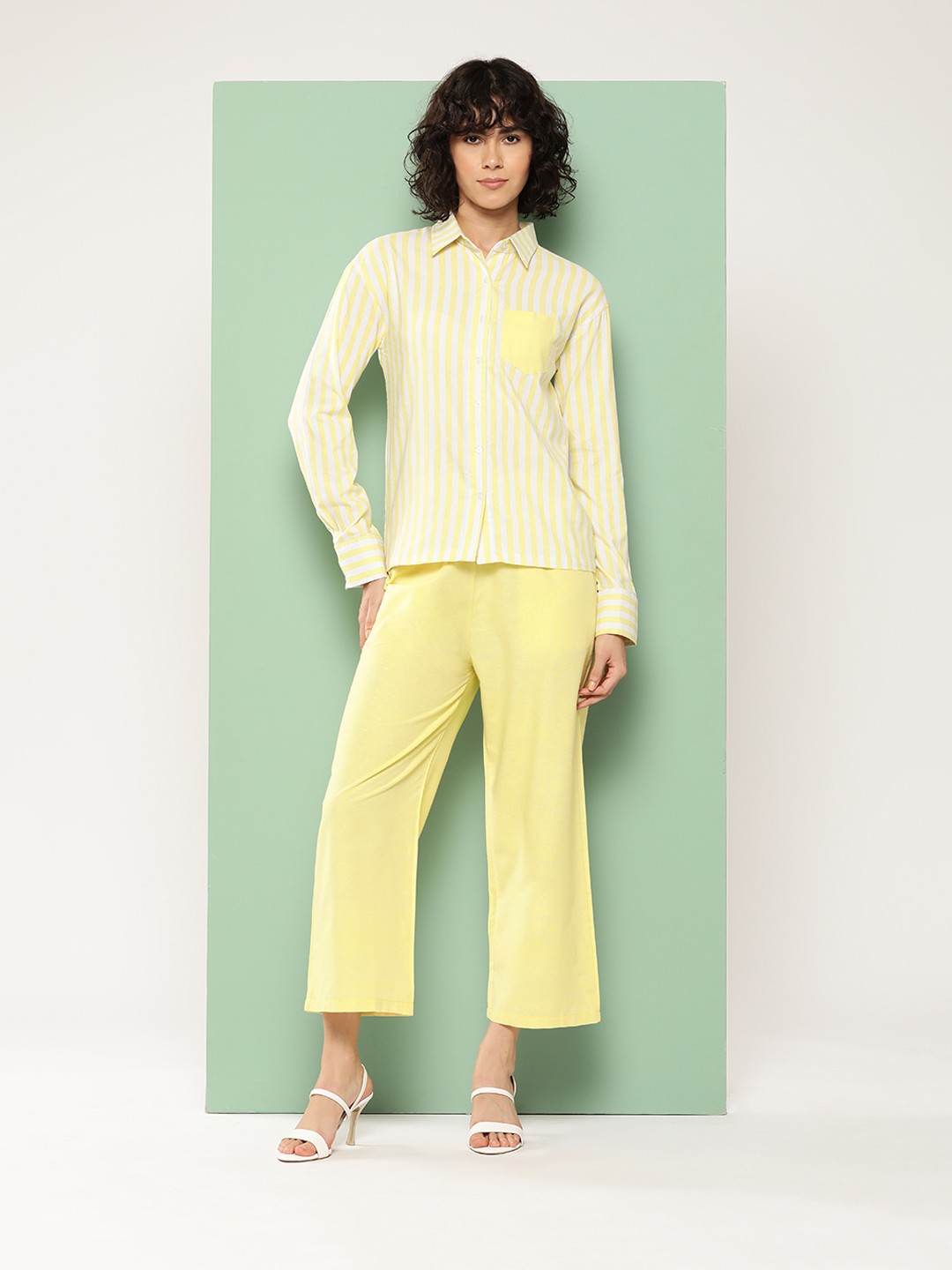 

BROOWL Women Striped Pure Cotton Shirt with Trousers, Yellow